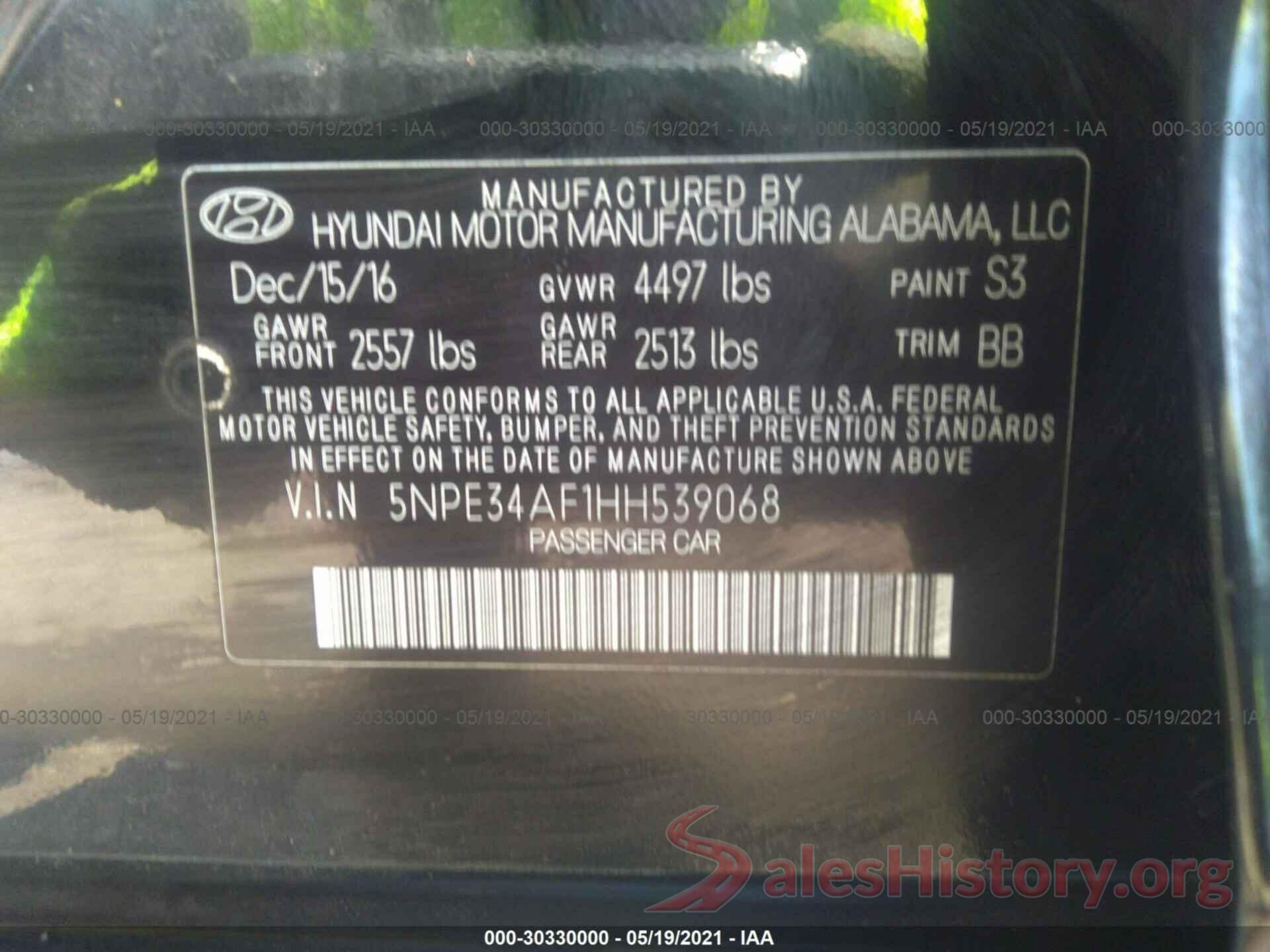 5NPE34AF1HH539068 2017 HYUNDAI SONATA