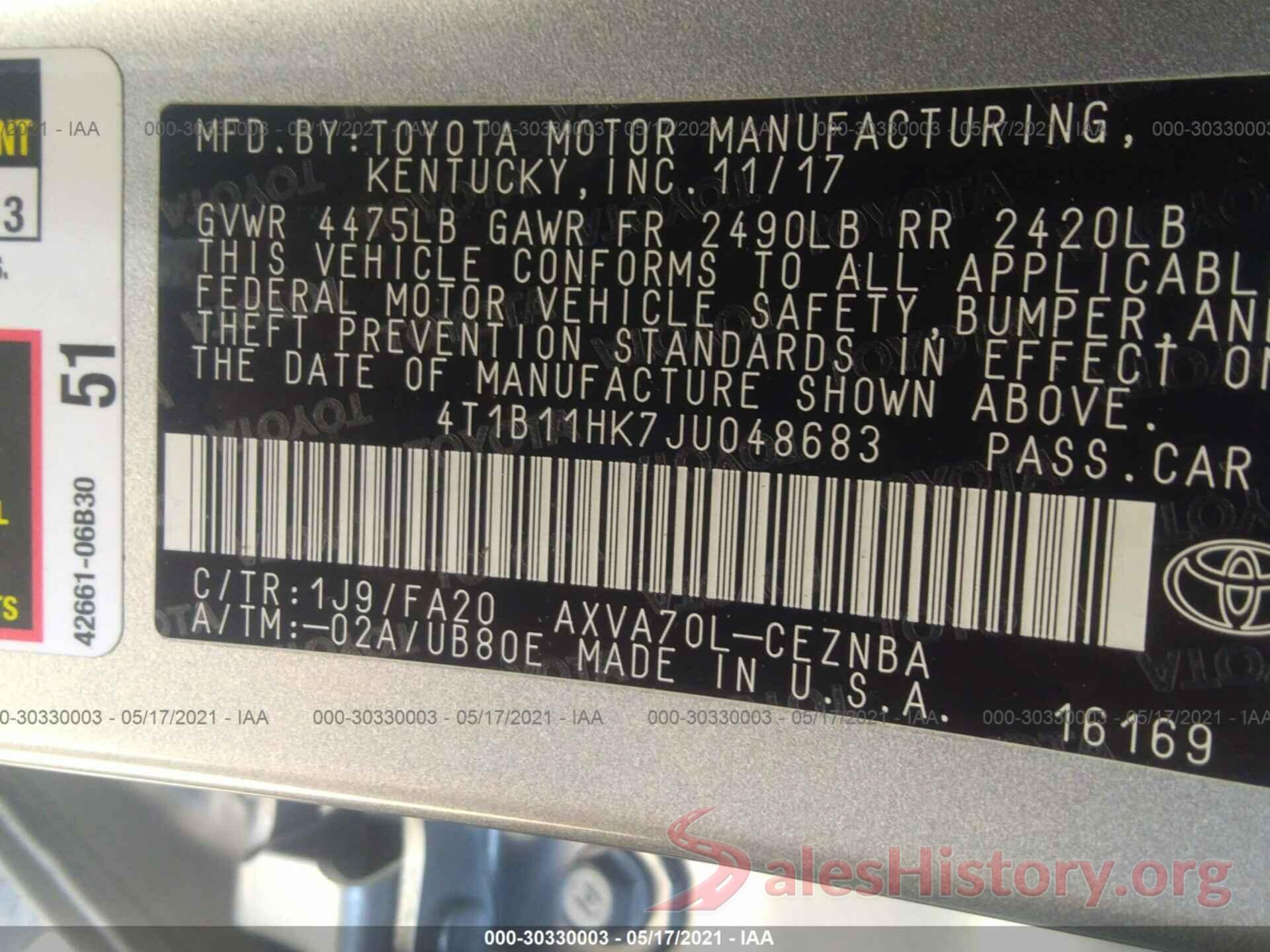 4T1B11HK7JU048683 2018 TOYOTA CAMRY