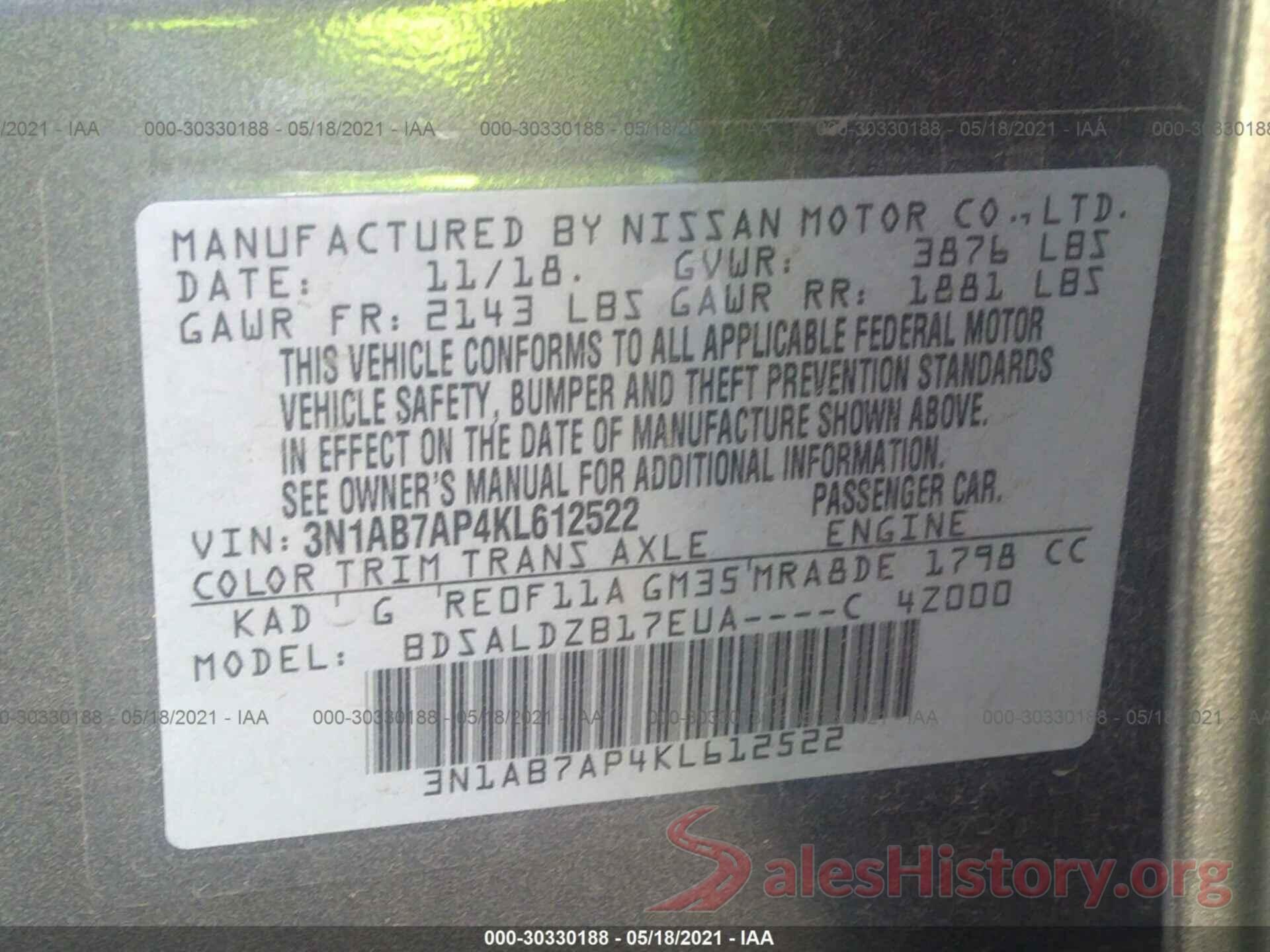 3N1AB7AP4KL612522 2019 NISSAN SENTRA