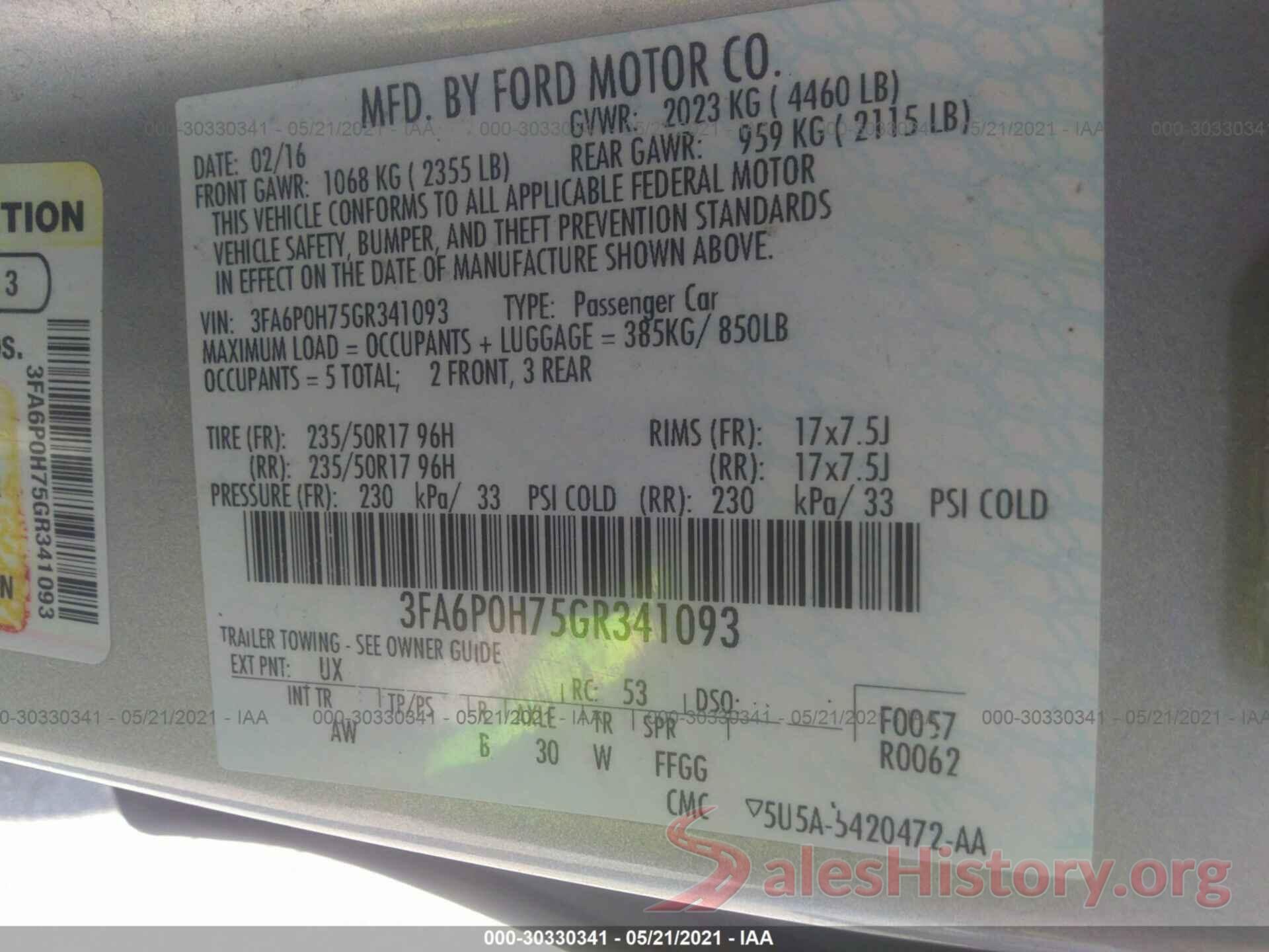 3FA6P0H75GR341093 2016 FORD FUSION