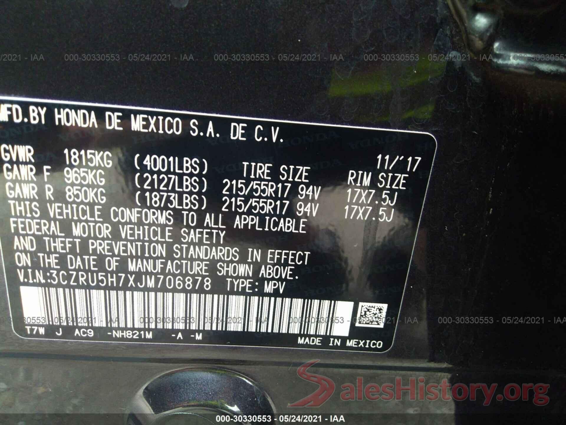 3CZRU5H7XJM706878 2018 HONDA HR-V