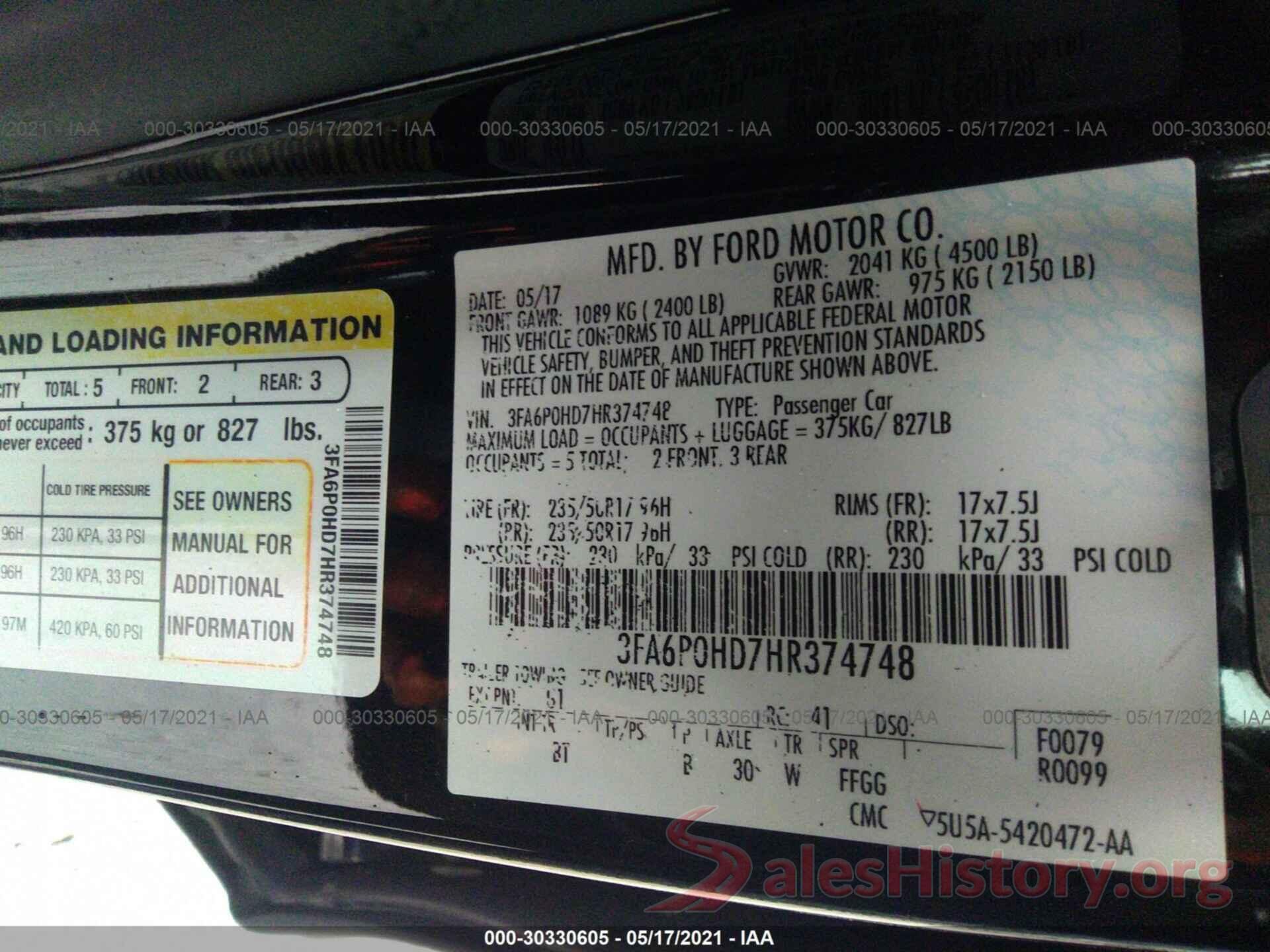 3FA6P0HD7HR374748 2017 FORD FUSION