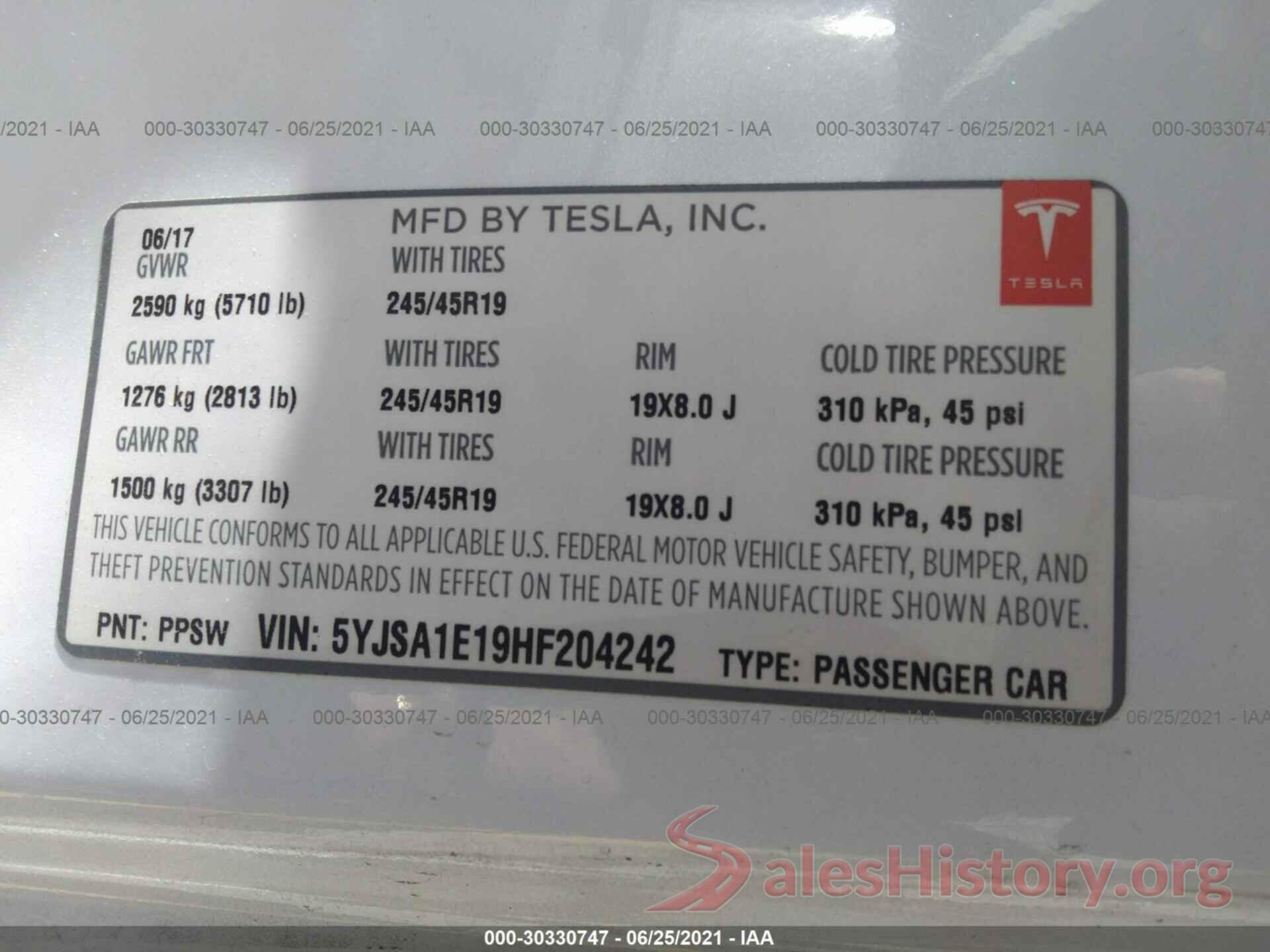 5YJSA1E19HF204242 2017 TESLA MODEL S