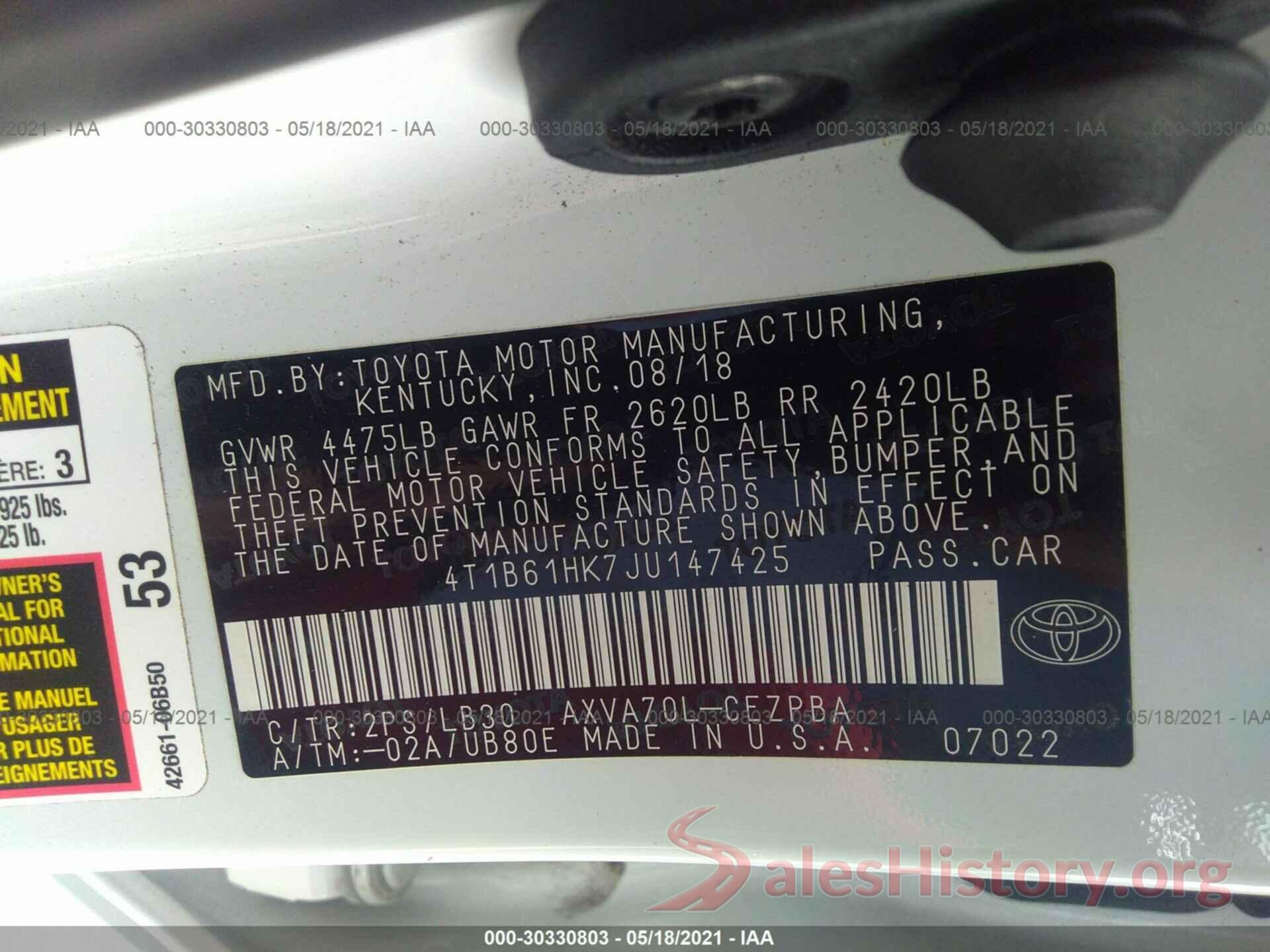 4T1B61HK7JU147425 2018 TOYOTA CAMRY