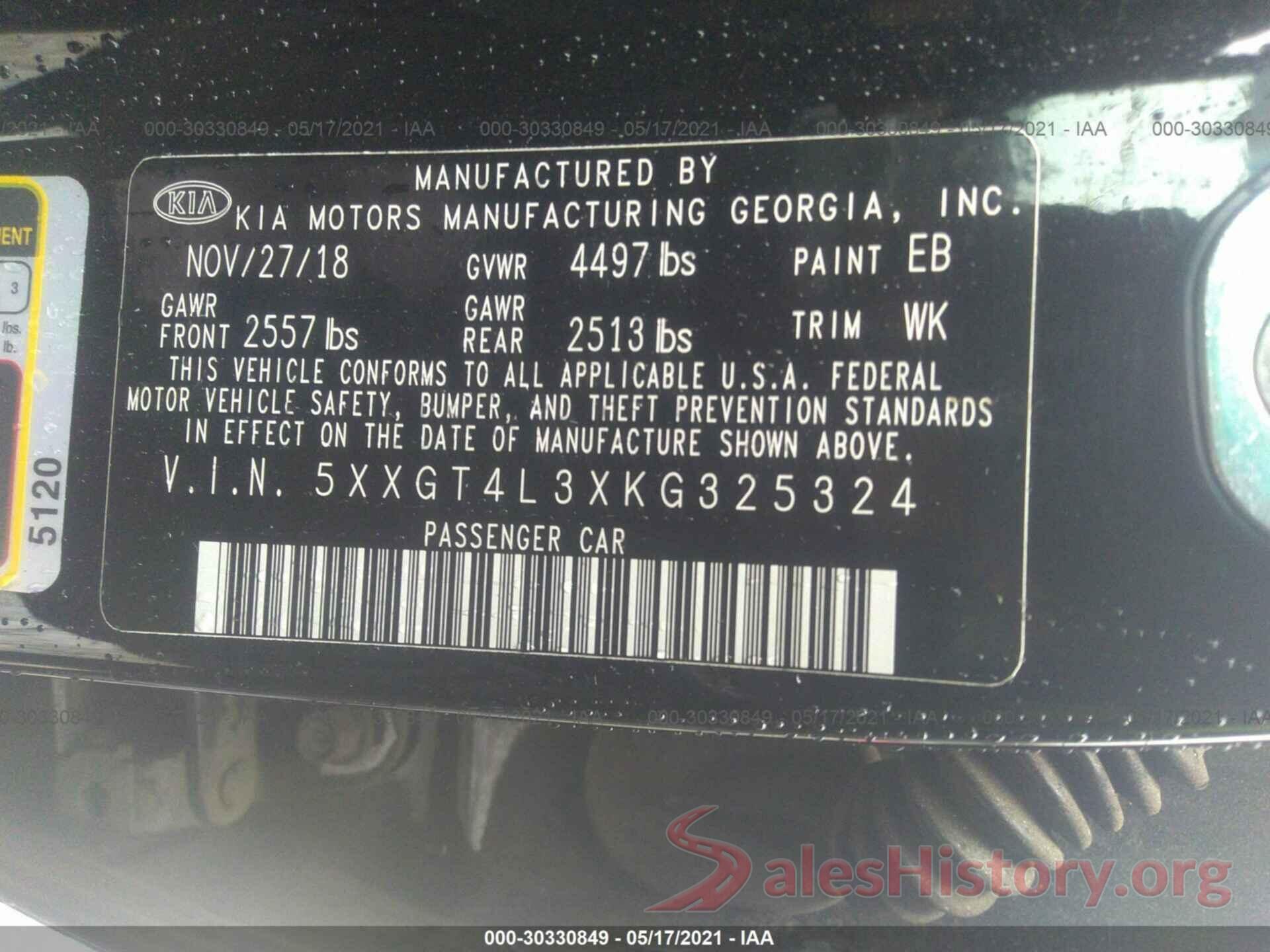 5XXGT4L3XKG325324 2019 KIA OPTIMA