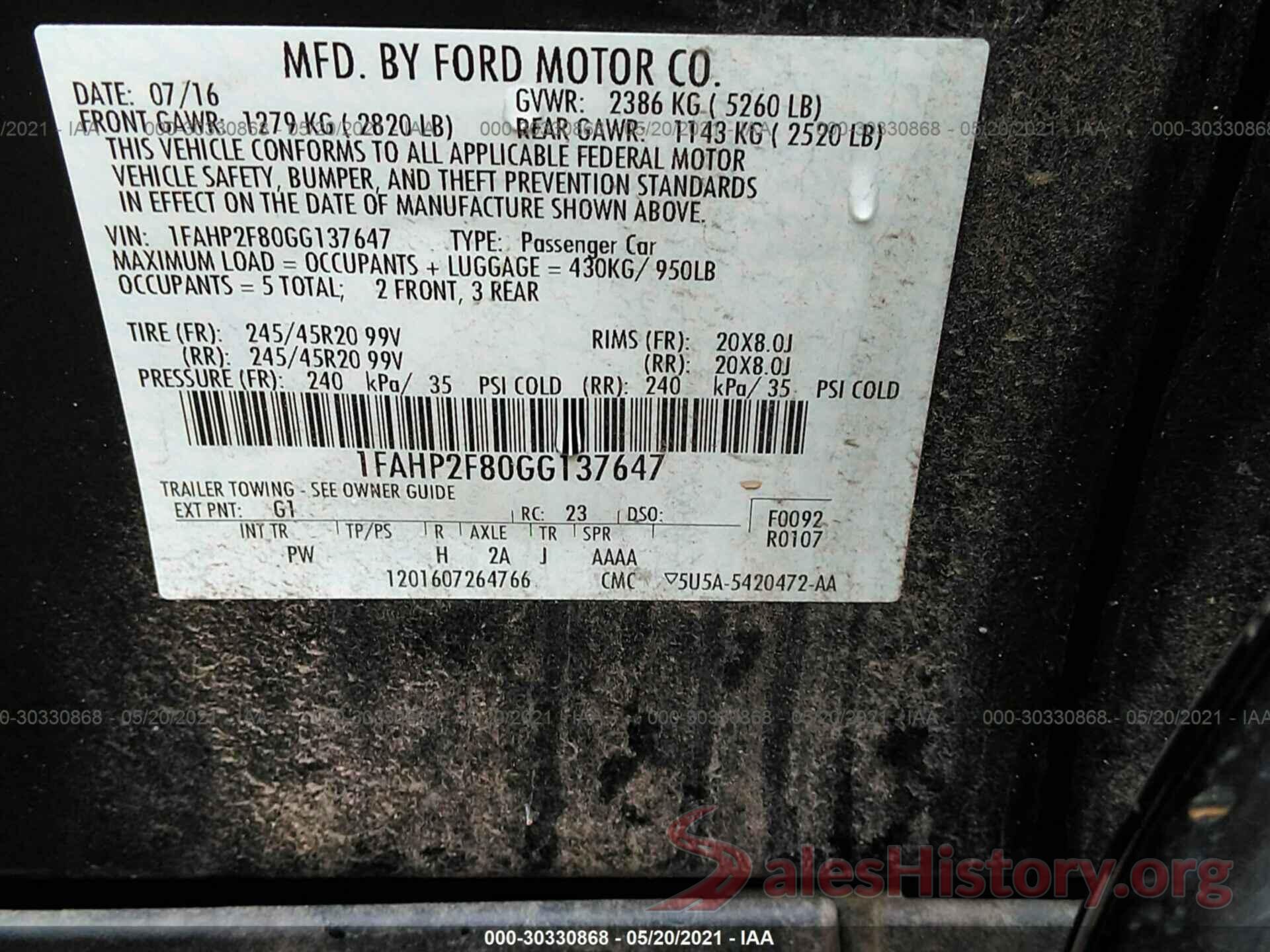 1FAHP2F80GG137647 2016 FORD TAURUS