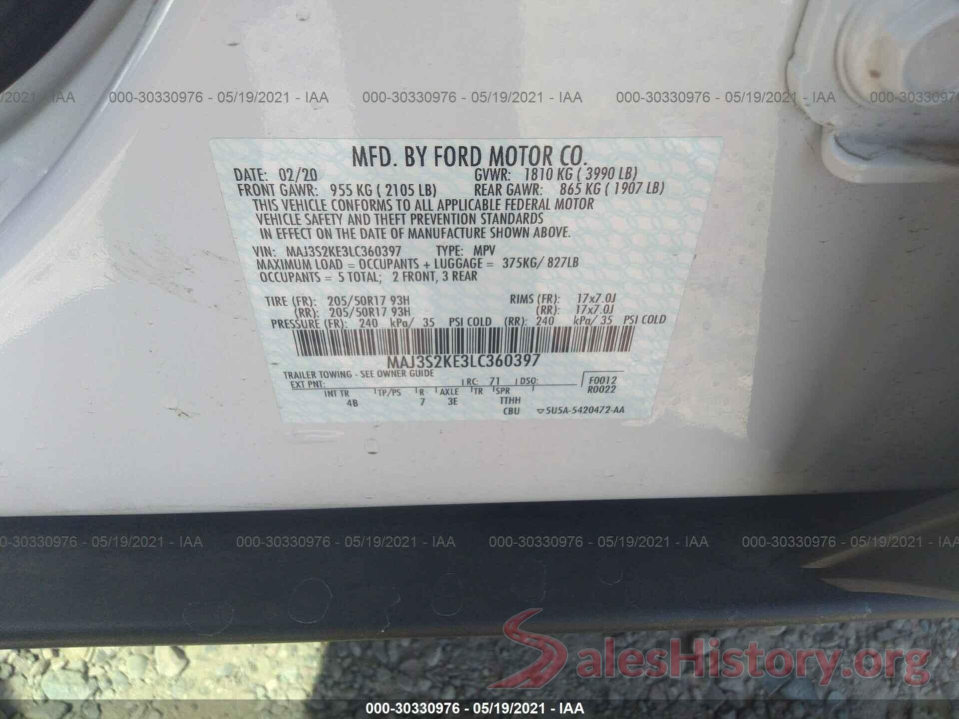 MAJ3S2KE3LC360397 2020 FORD ECOSPORT