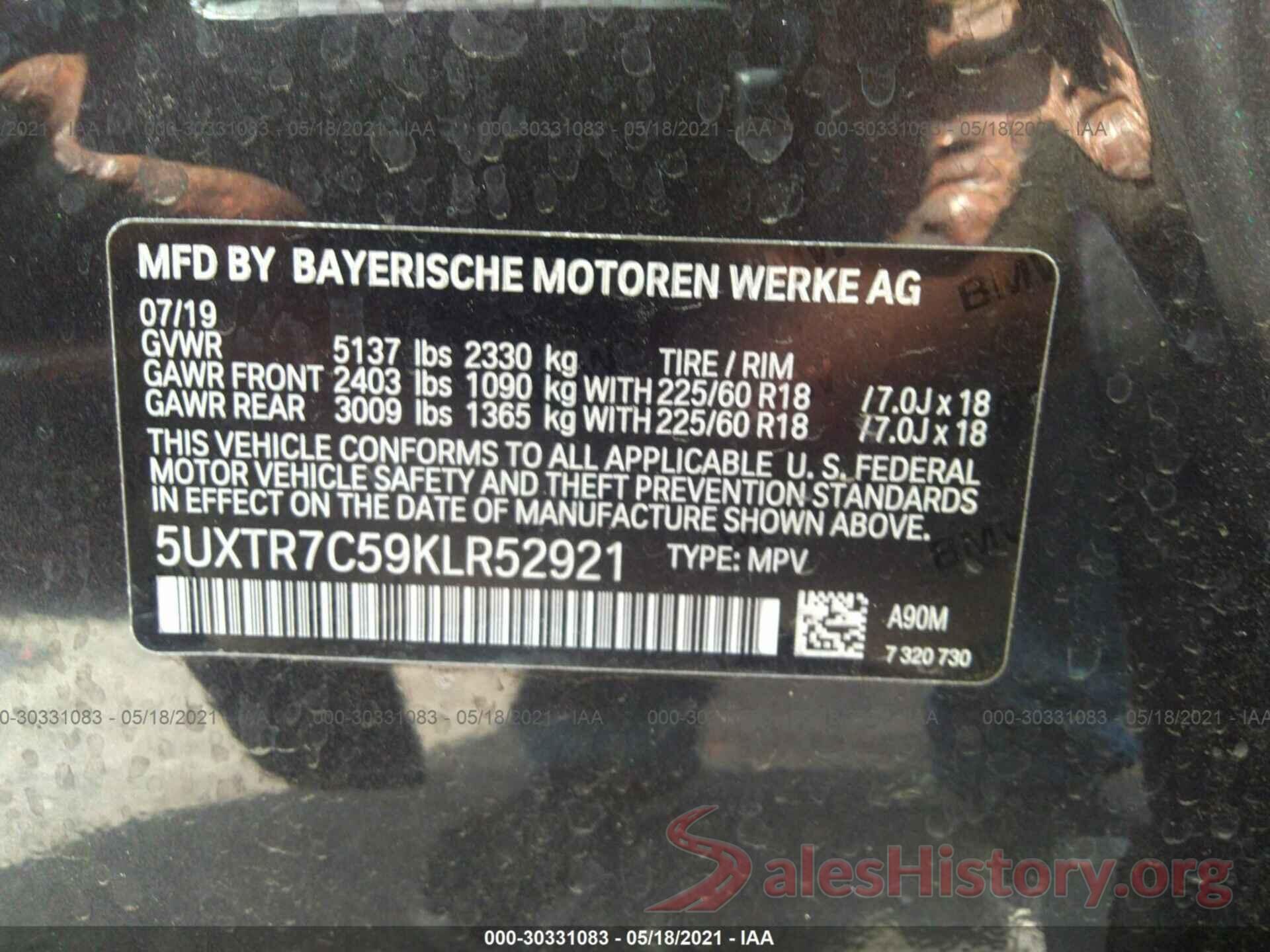 5UXTR7C59KLR52921 2019 BMW X3