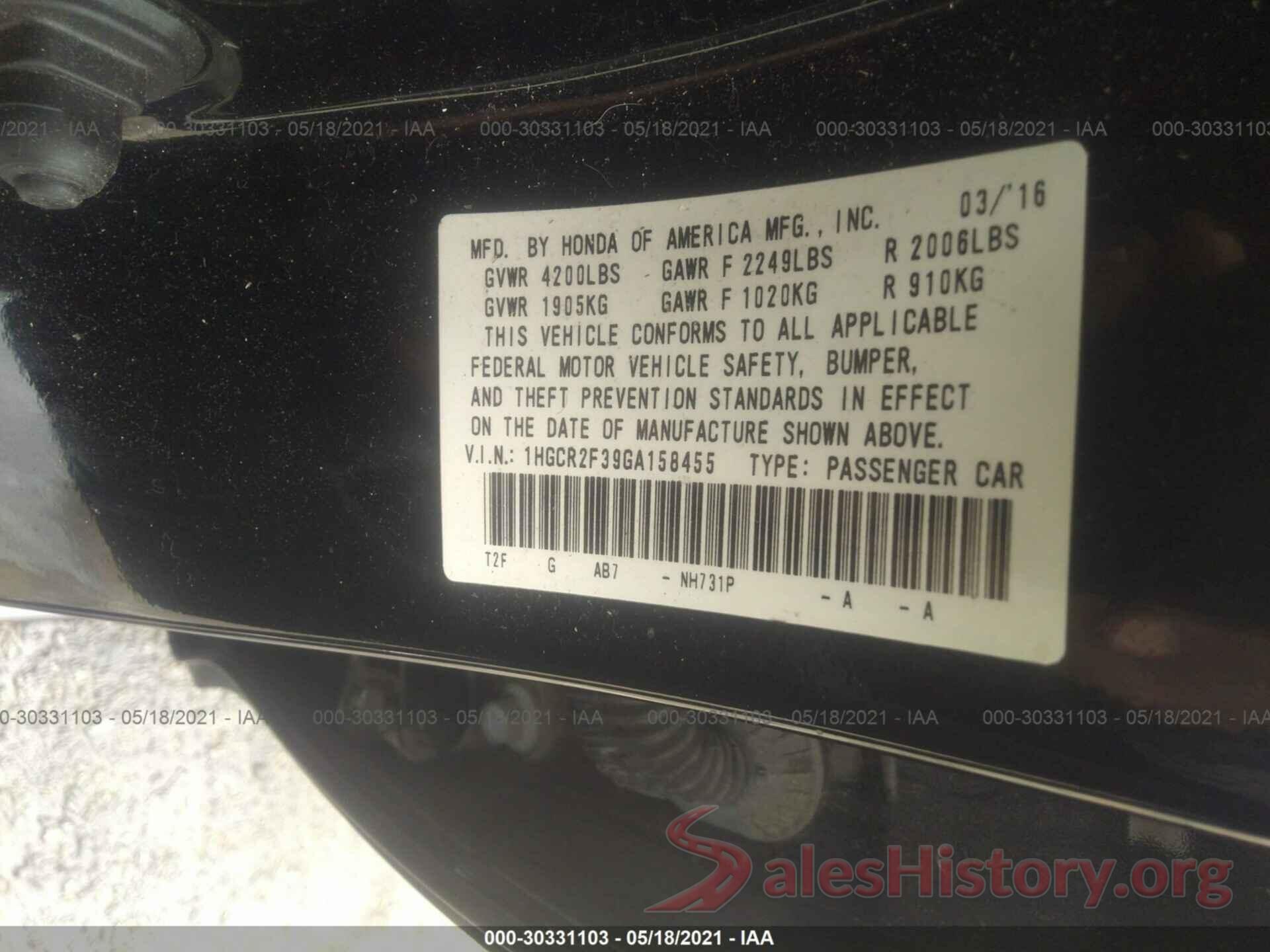 1HGCR2F39GA158455 2016 HONDA ACCORD SEDAN