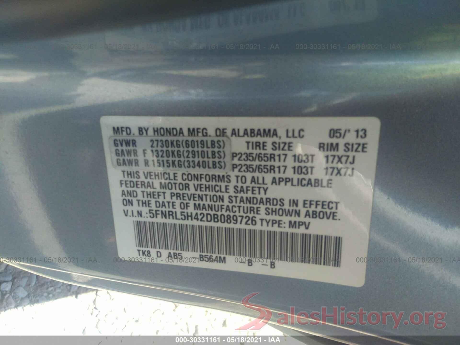 1N4BL3AP4HC176370 2013 HONDA ODYSSEY