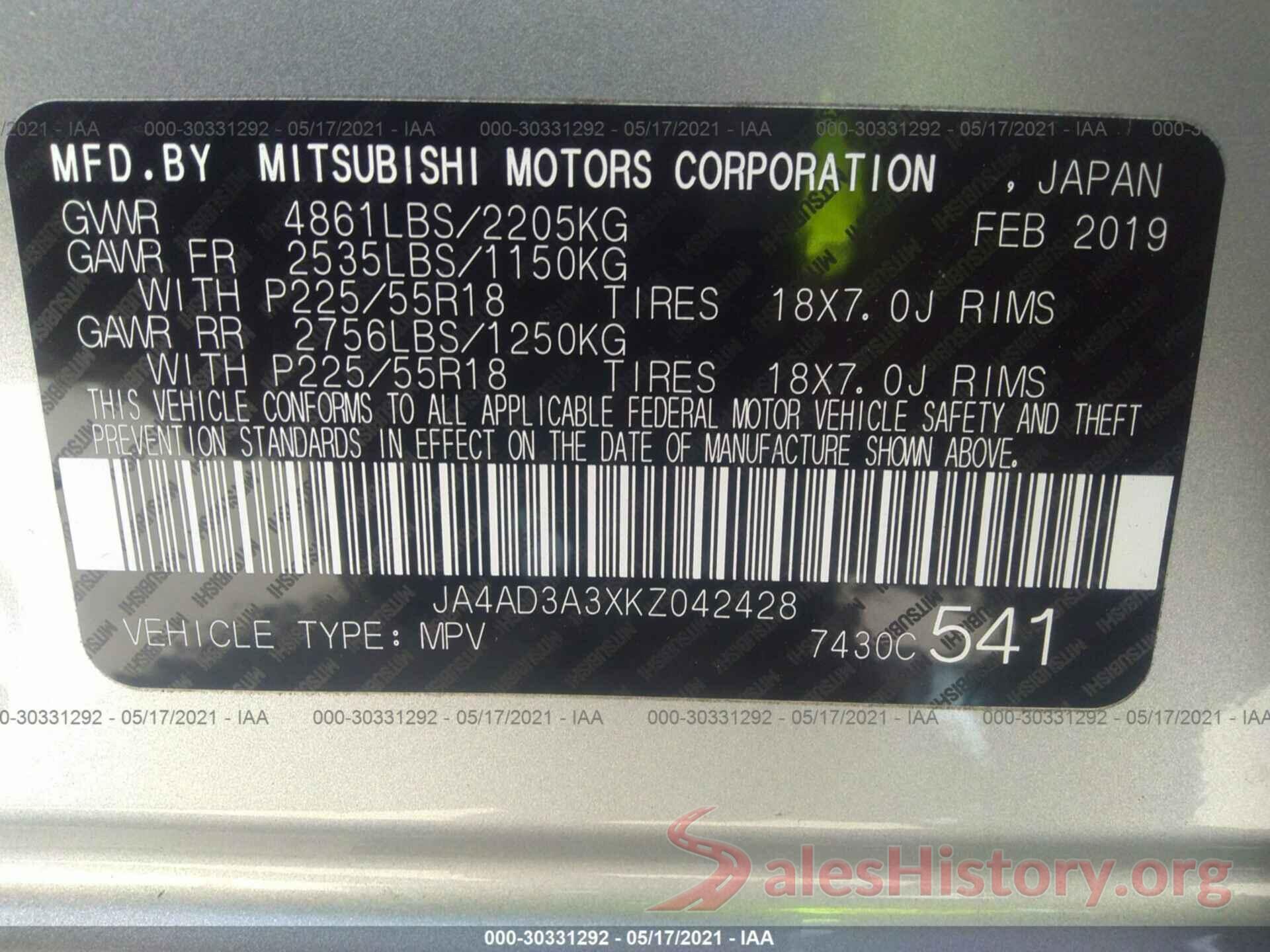 JA4AD3A3XKZ042428 2019 MITSUBISHI OUTLANDER