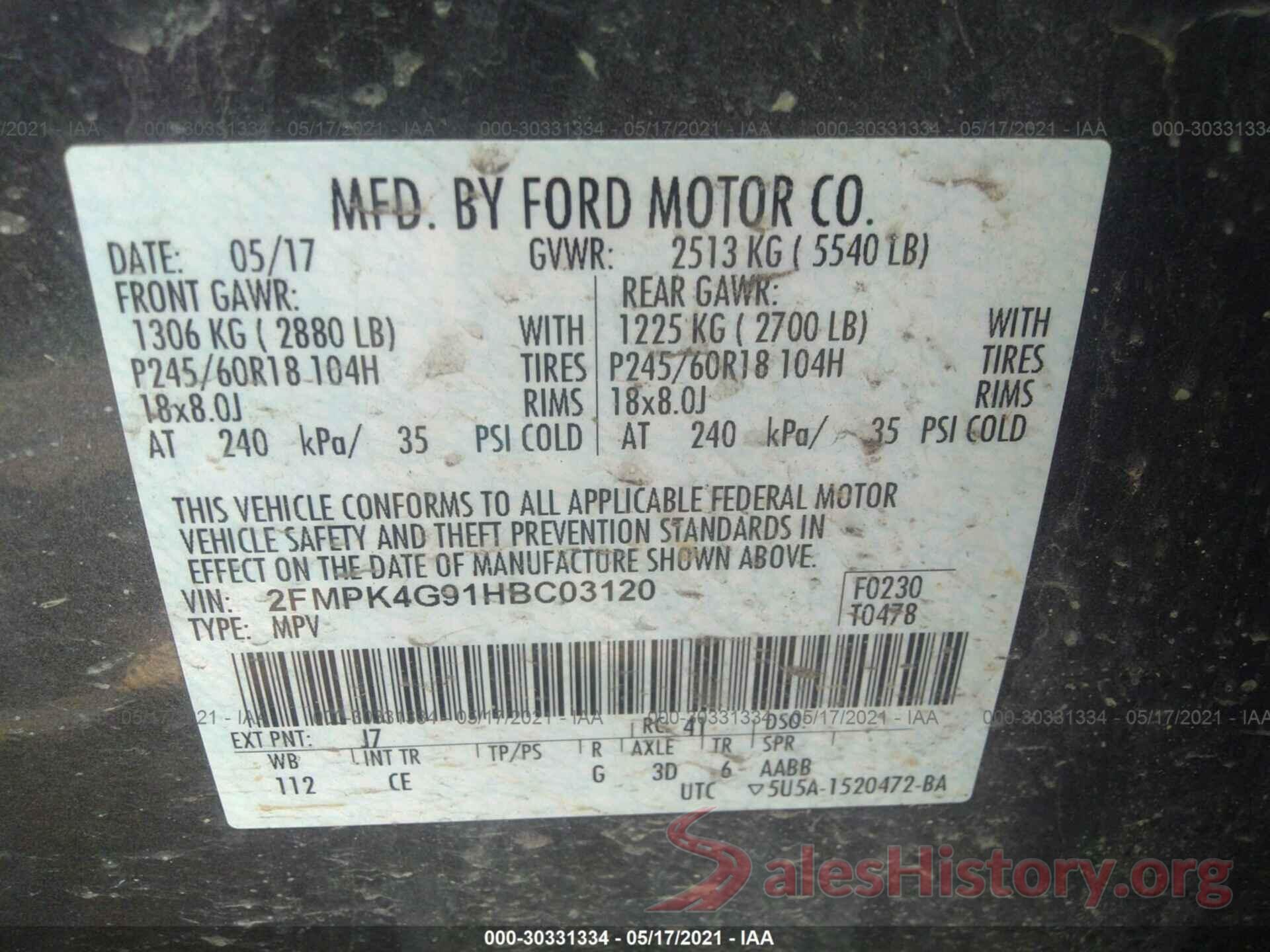 2FMPK4G91HBC03120 2017 FORD EDGE