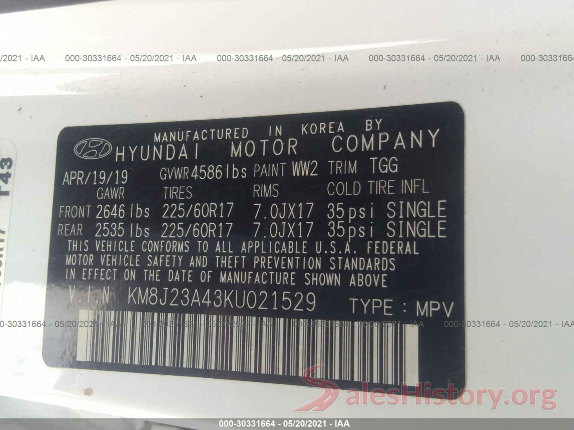 KM8J23A43KU021529 2019 HYUNDAI TUCSON