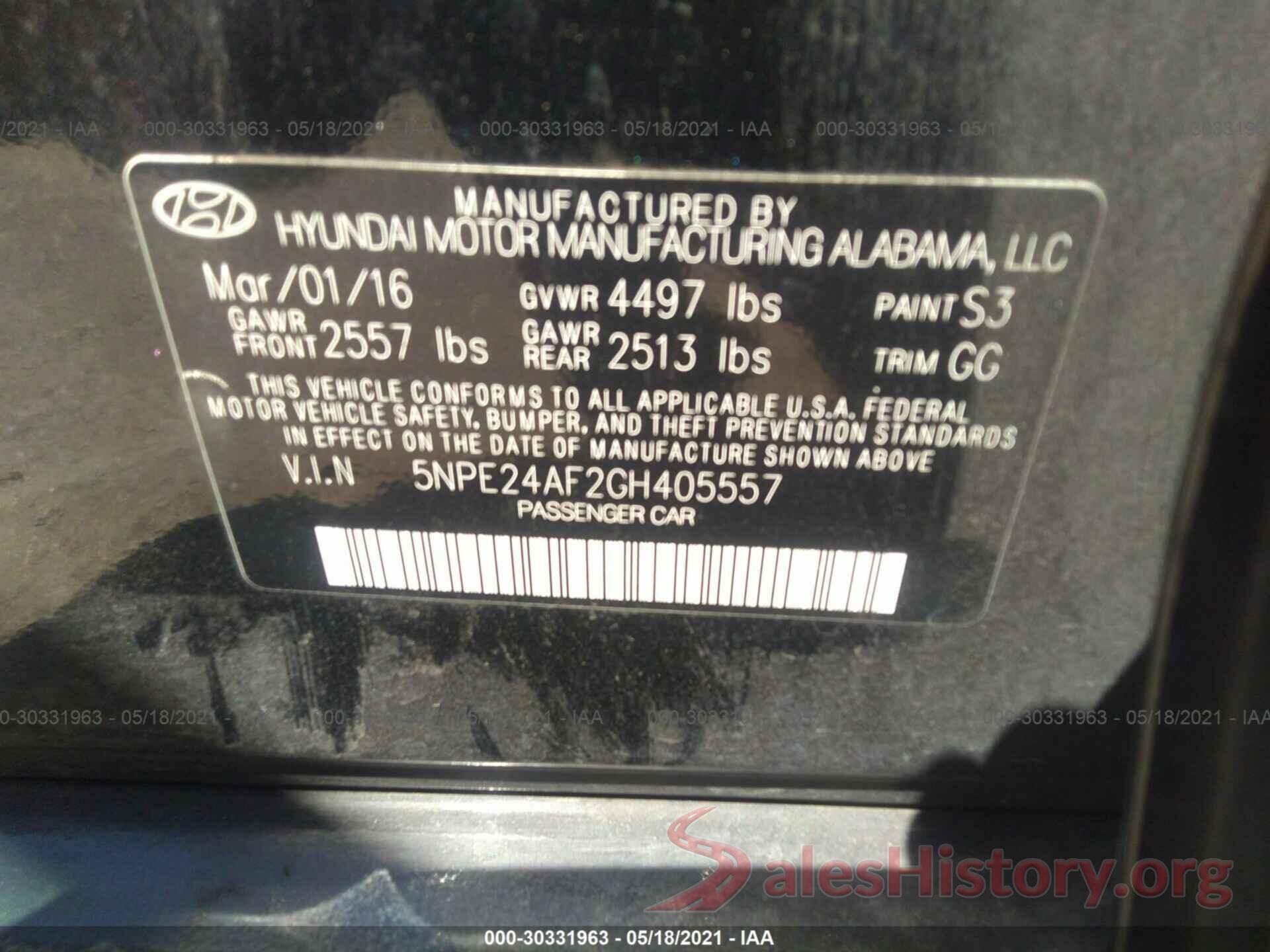 5NPE24AF2GH405557 2016 HYUNDAI SONATA