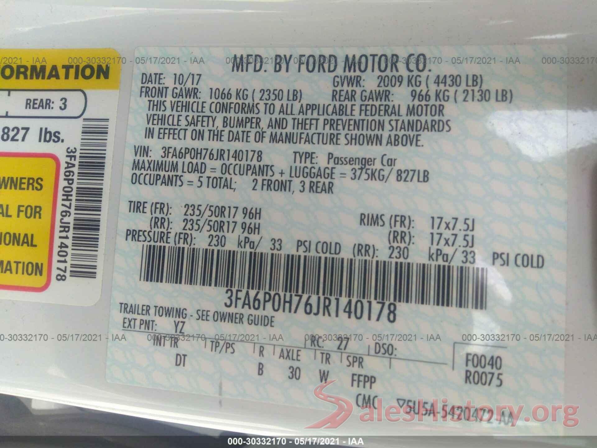 3FA6P0H76JR140178 2018 FORD FUSION