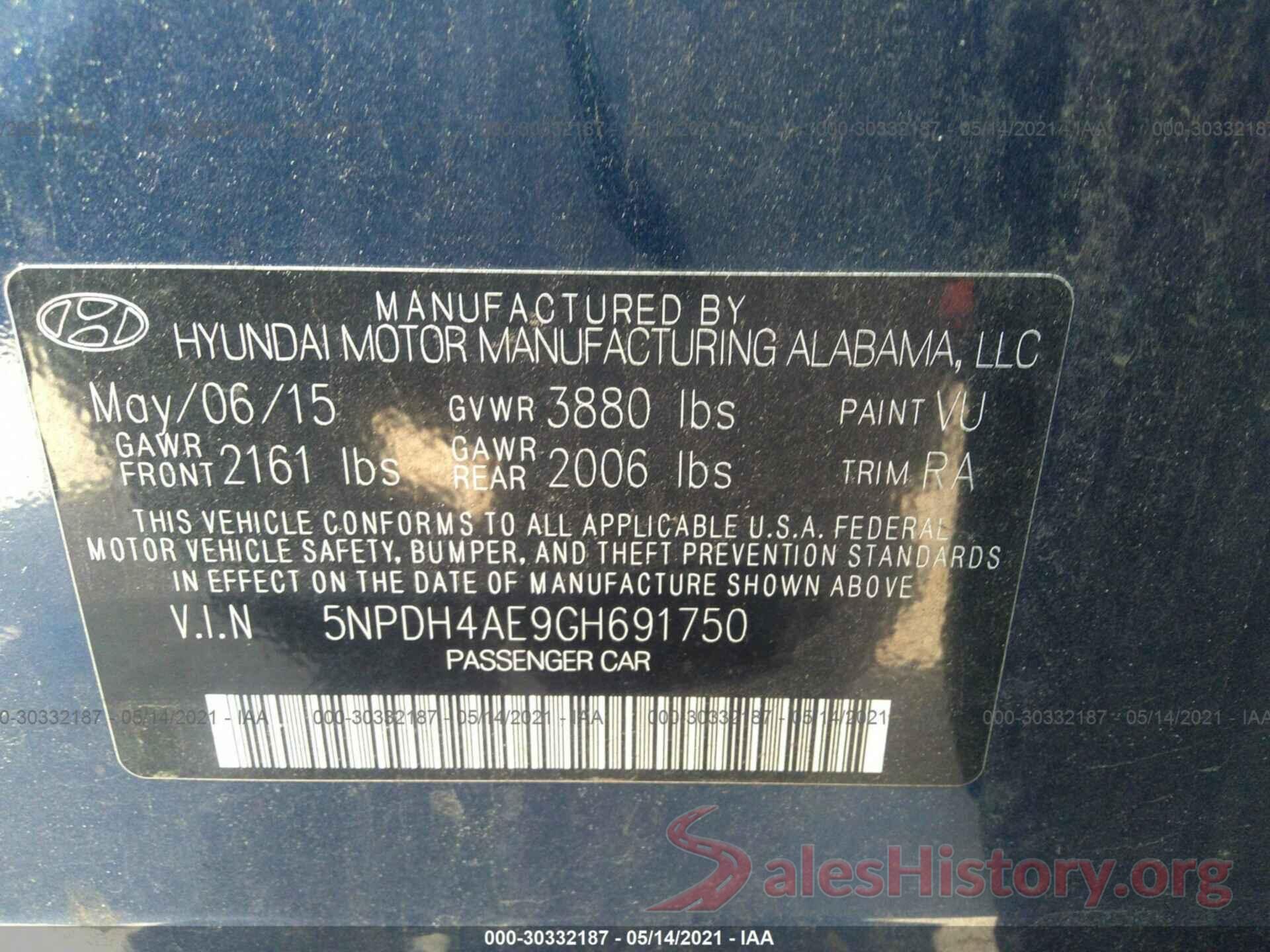 5NPDH4AE9GH691750 2016 HYUNDAI ELANTRA