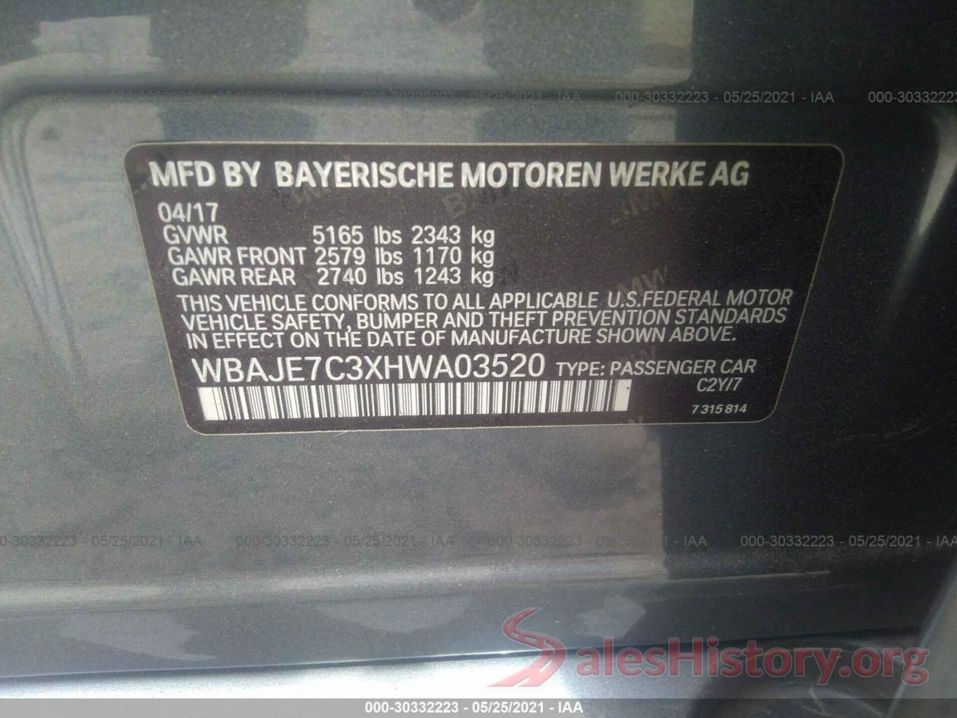 WBAJE7C3XHWA03520 2017 BMW 5 SERIES