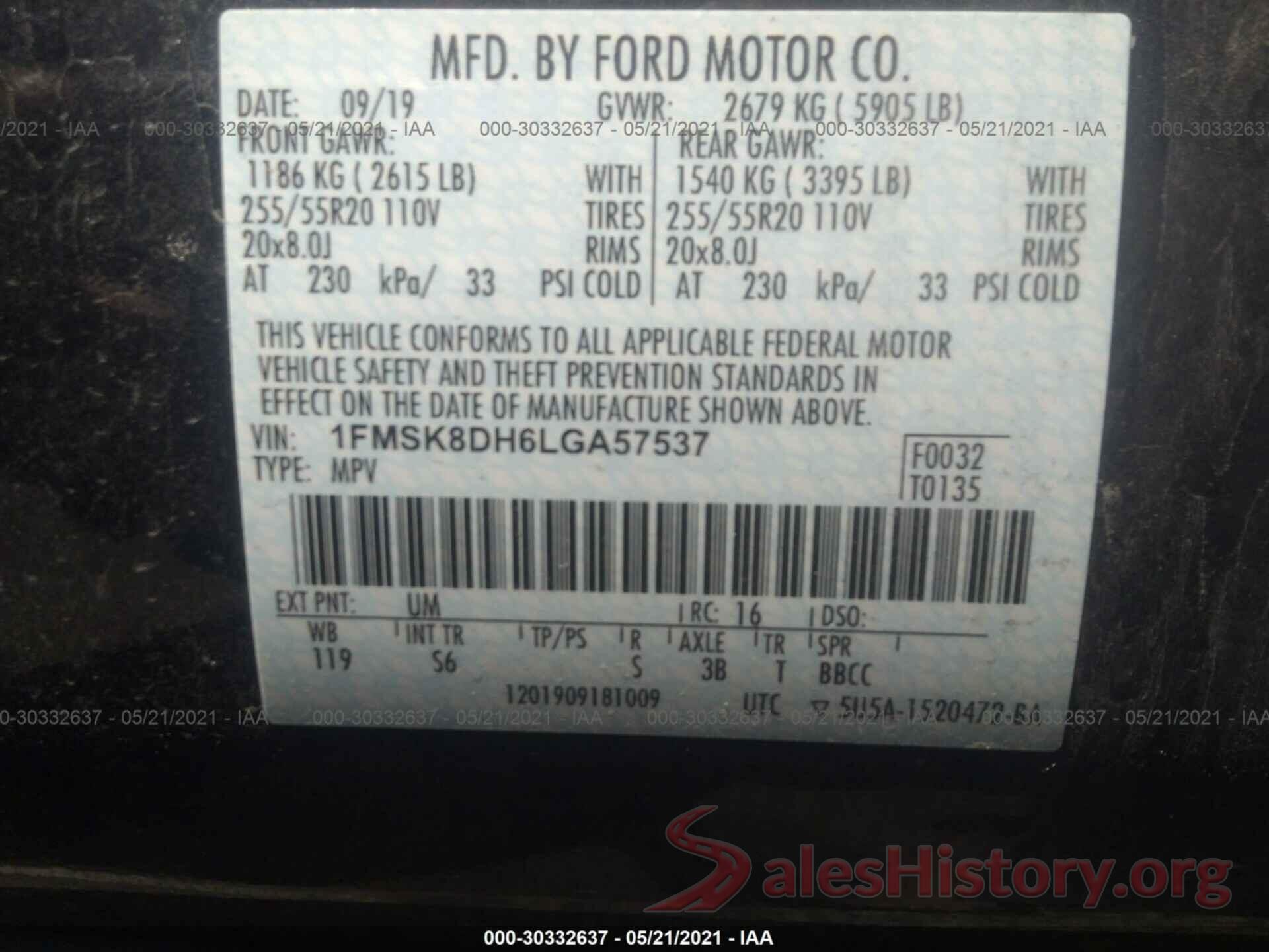 1FMSK8DH6LGA57537 2020 FORD EXPLORER