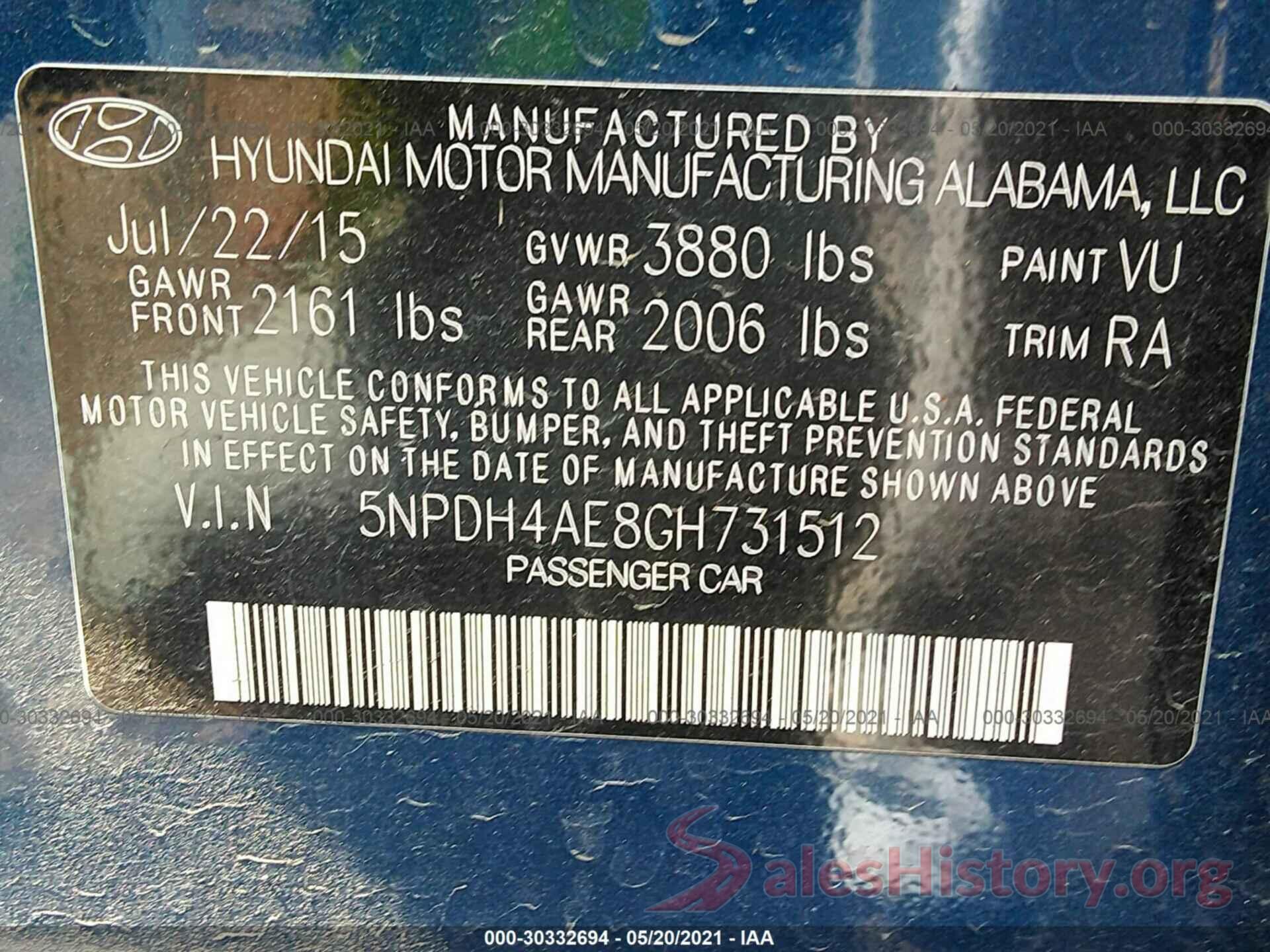 5NPDH4AE8GH731512 2016 HYUNDAI ELANTRA