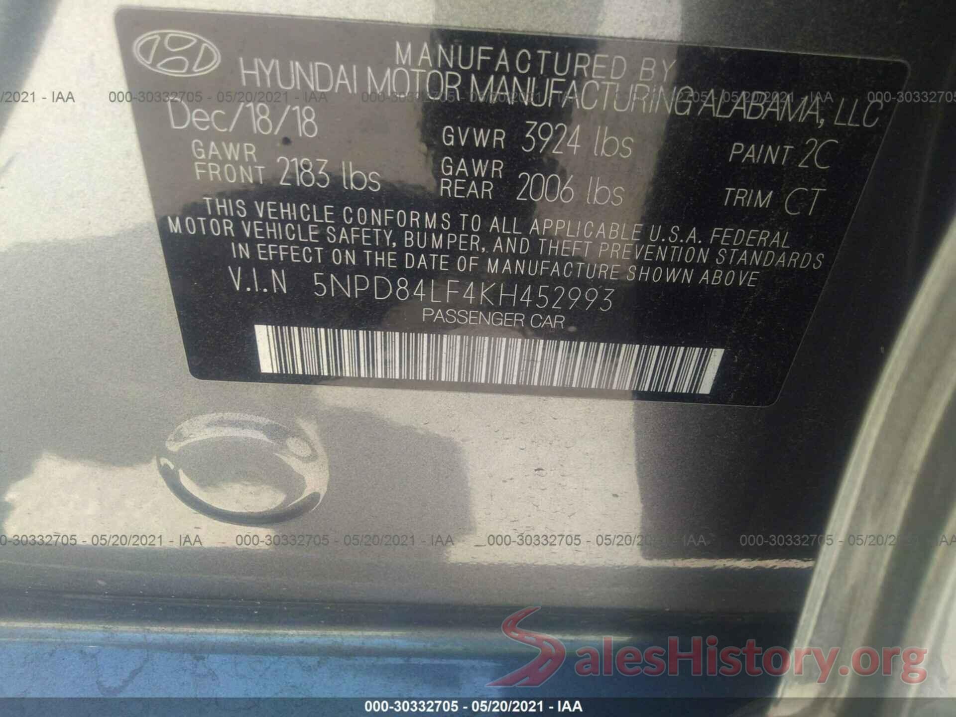 5NPD84LF4KH452993 2019 HYUNDAI ELANTRA