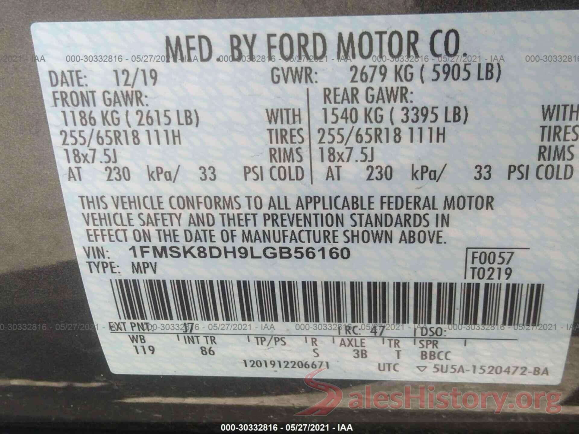 1FMSK8DH9LGB56160 2020 FORD EXPLORER