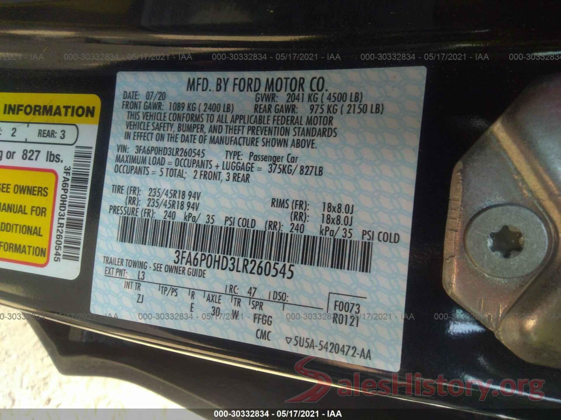 3FA6P0HD3LR260545 2020 FORD FUSION