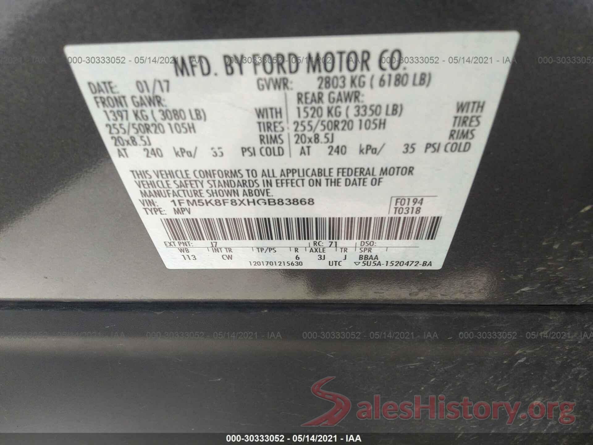 1FM5K8F8XHGB83868 2017 FORD EXPLORER