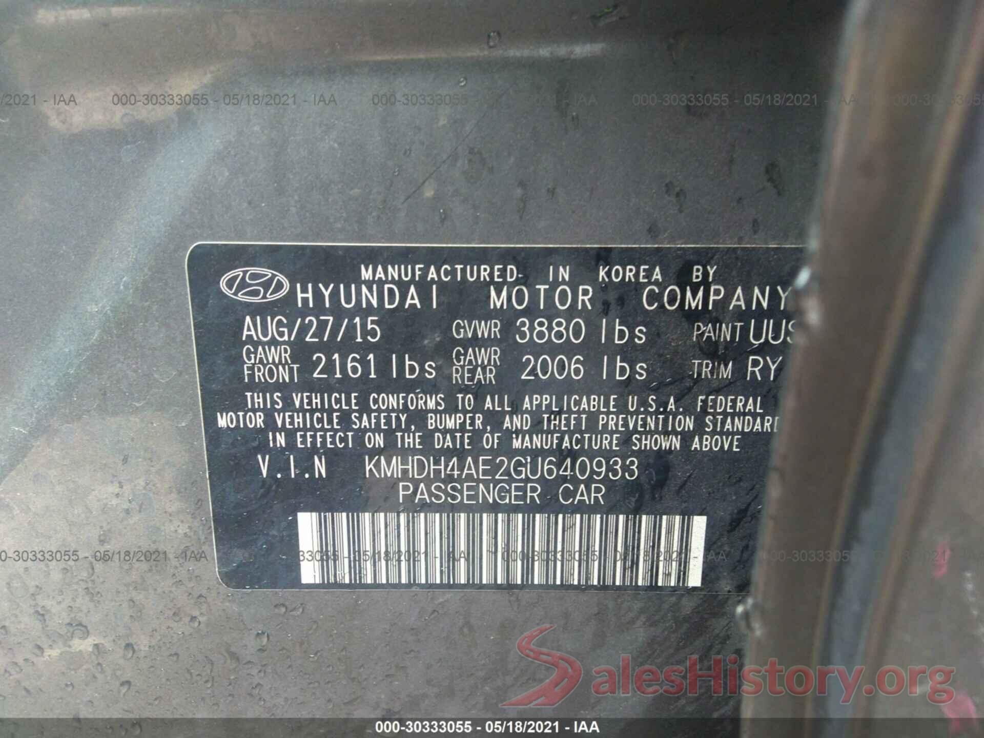 KMHDH4AE2GU640933 2016 HYUNDAI ELANTRA