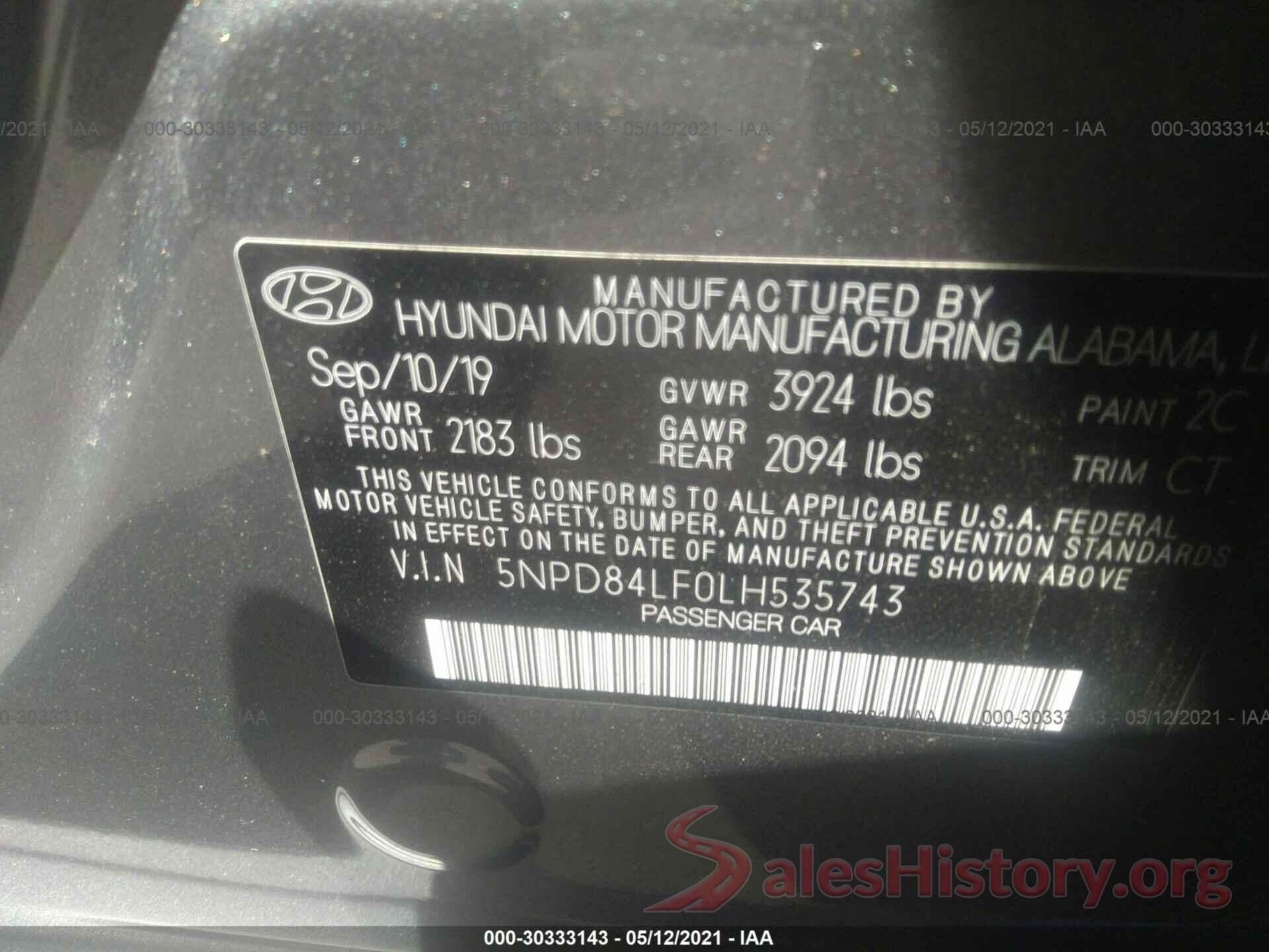 5NPD84LF0LH535743 2020 HYUNDAI ELANTRA