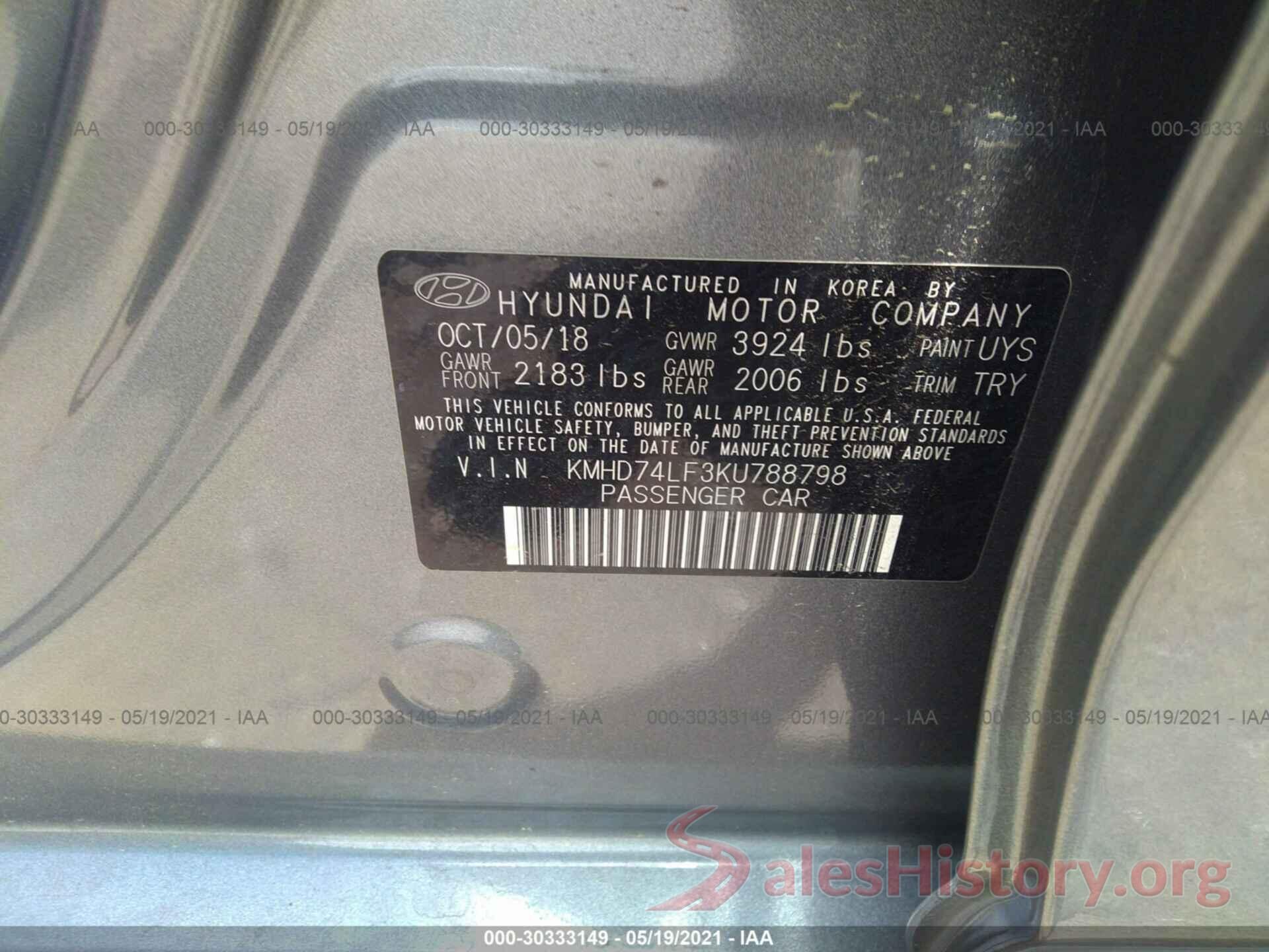 KMHD74LF3KU788798 2019 HYUNDAI ELANTRA