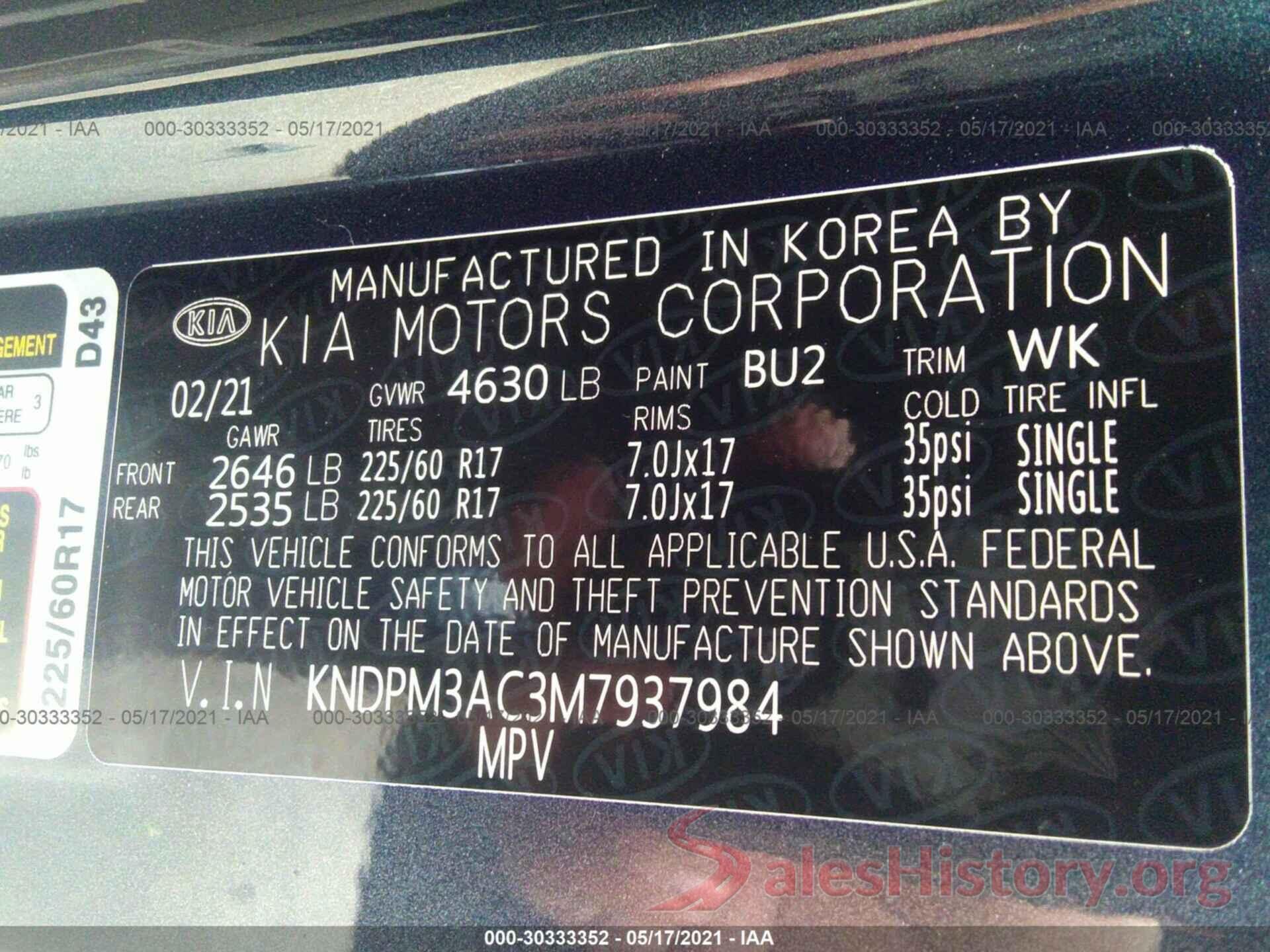 KNDPM3AC3M7937984 2021 KIA SPORTAGE