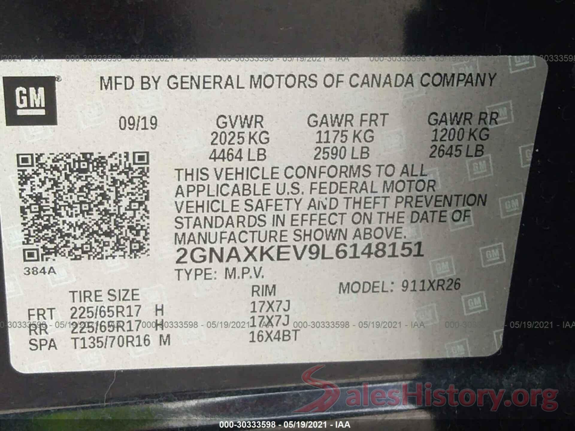 2GNAXKEV9L6148151 2020 CHEVROLET EQUINOX