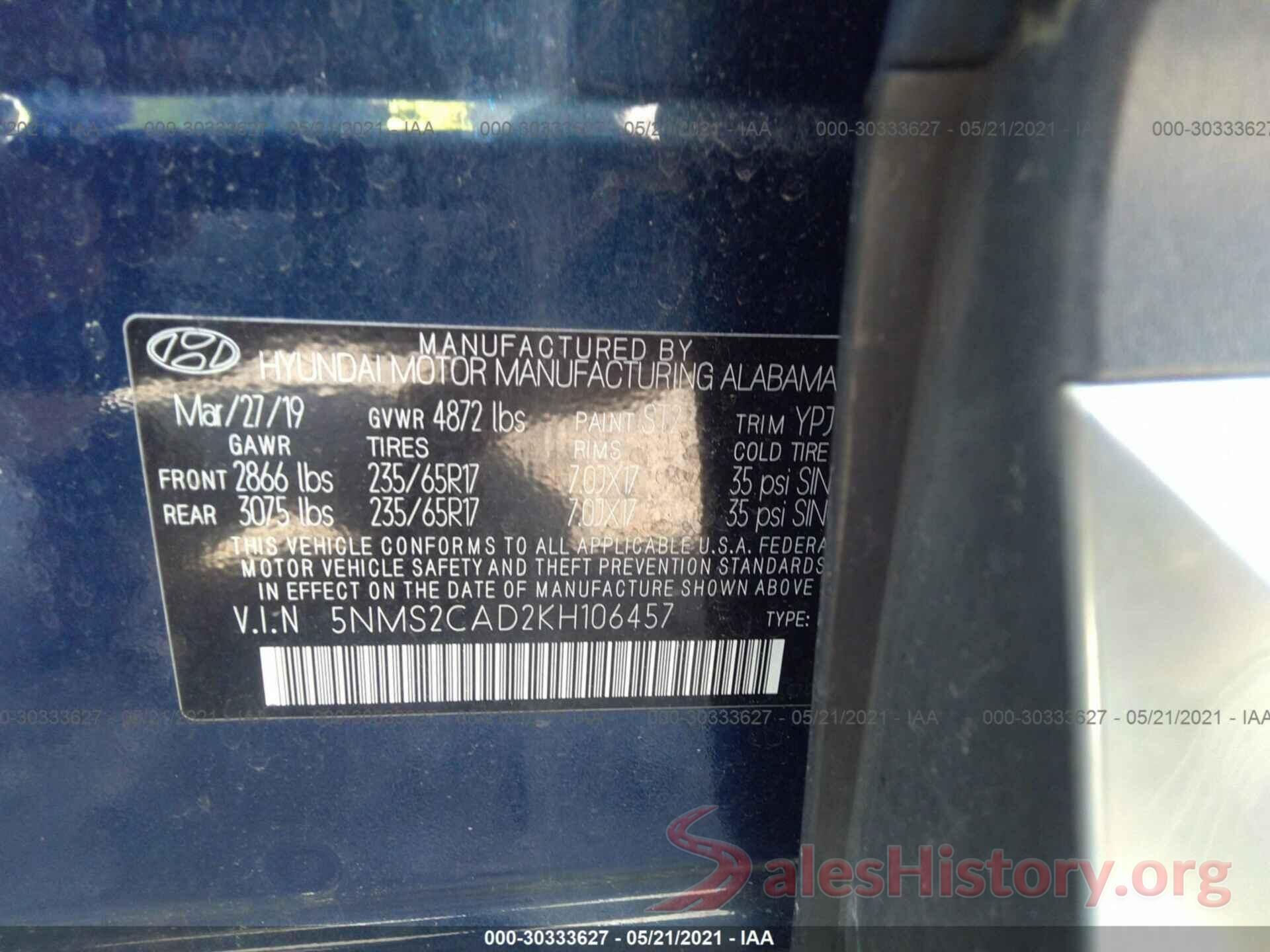 5NMS2CAD2KH106457 2019 HYUNDAI SANTA FE