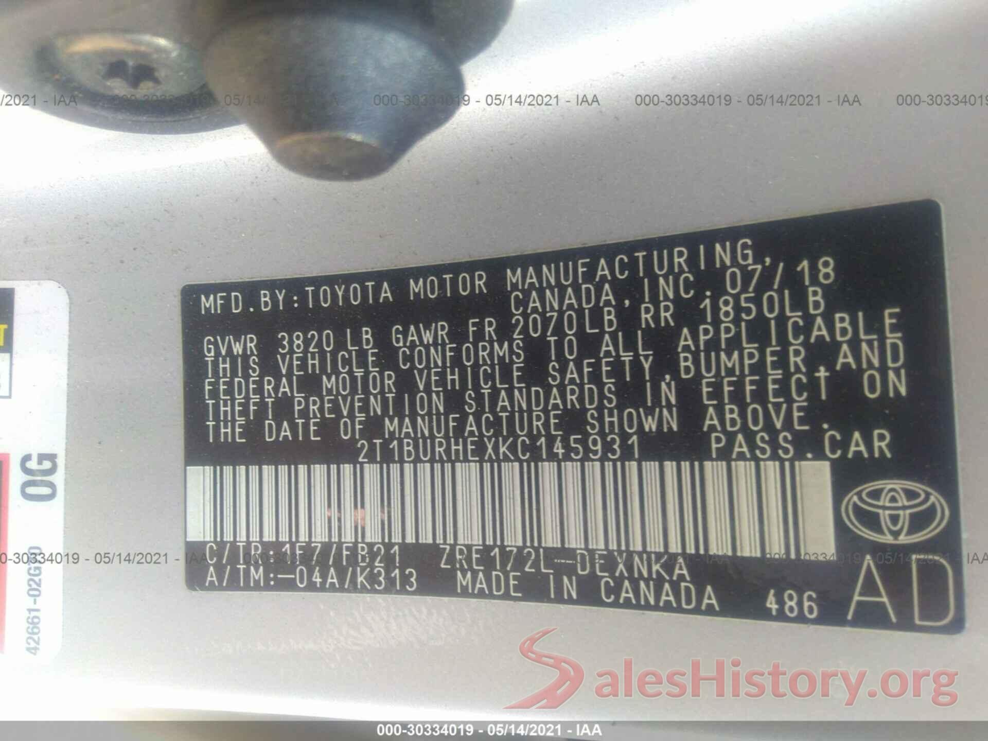 2T1BURHEXKC145931 2019 TOYOTA COROLLA