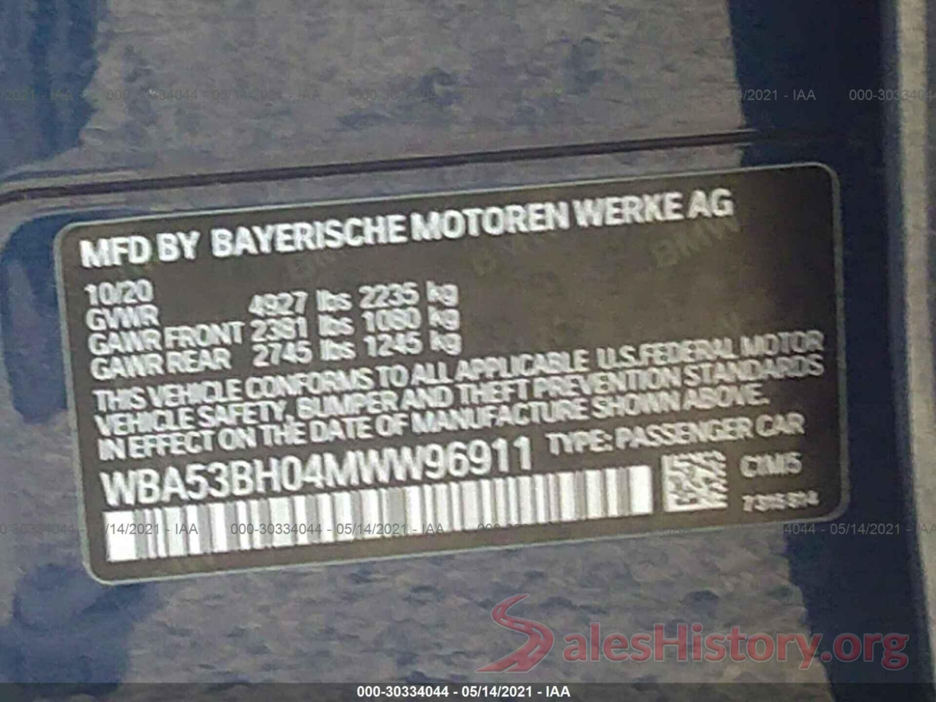 WBA53BH04MWW96911 2021 BMW 5 SERIES