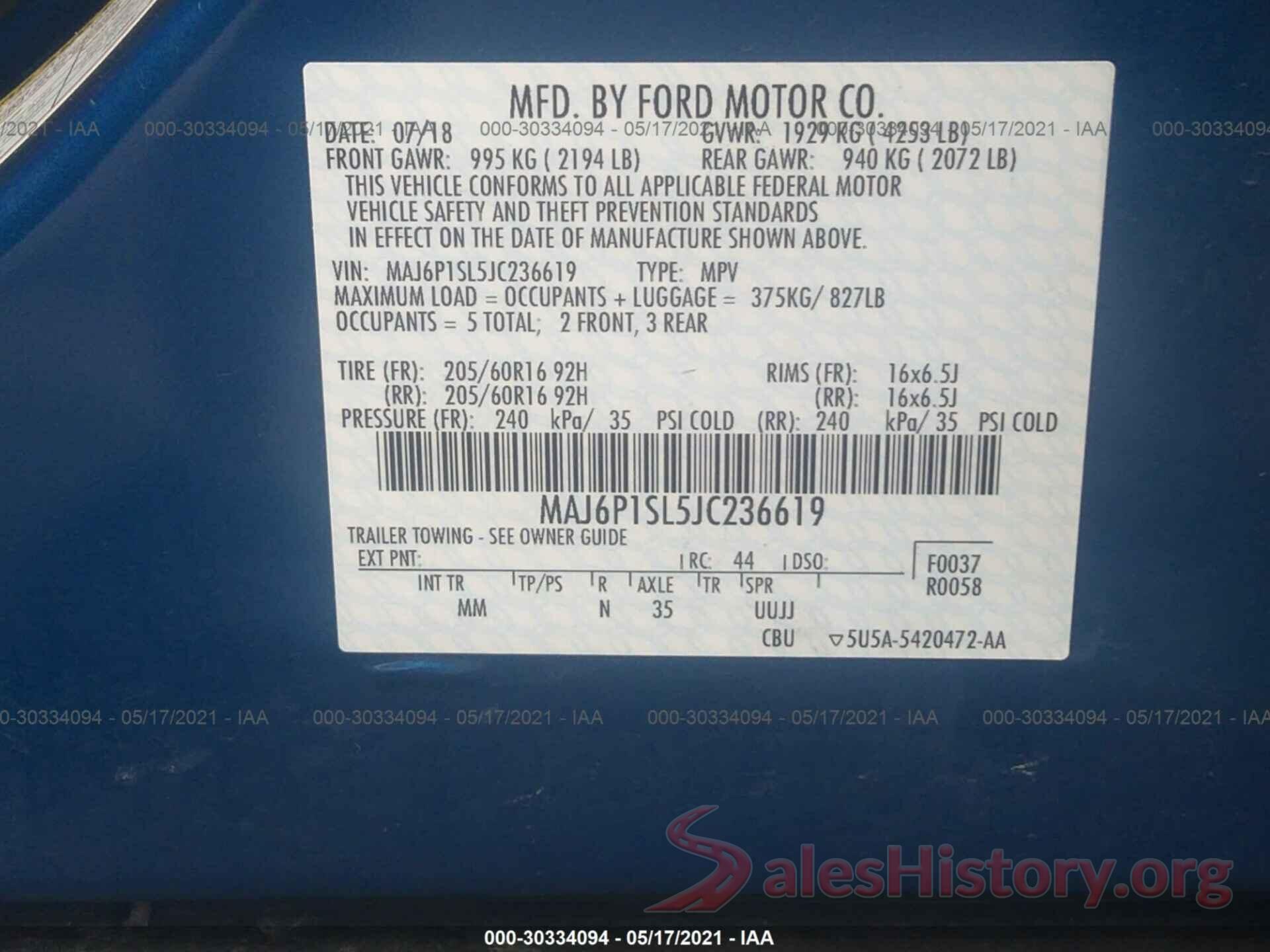 MAJ6P1SL5JC236619 2018 FORD ECOSPORT