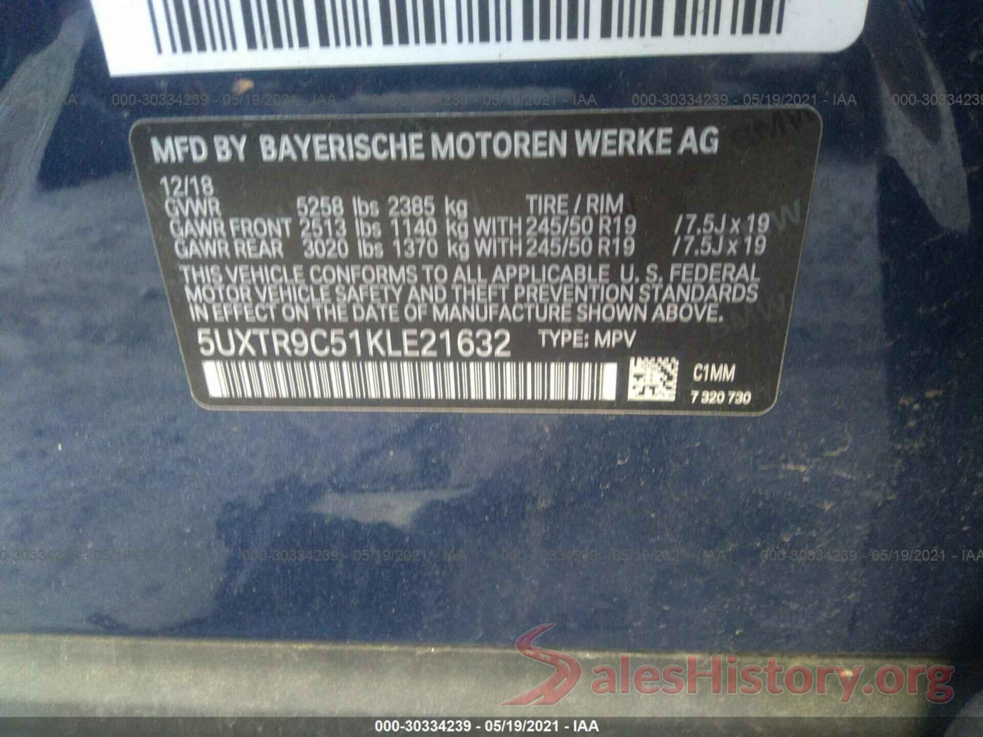 5UXTR9C51KLE21632 2019 BMW X3