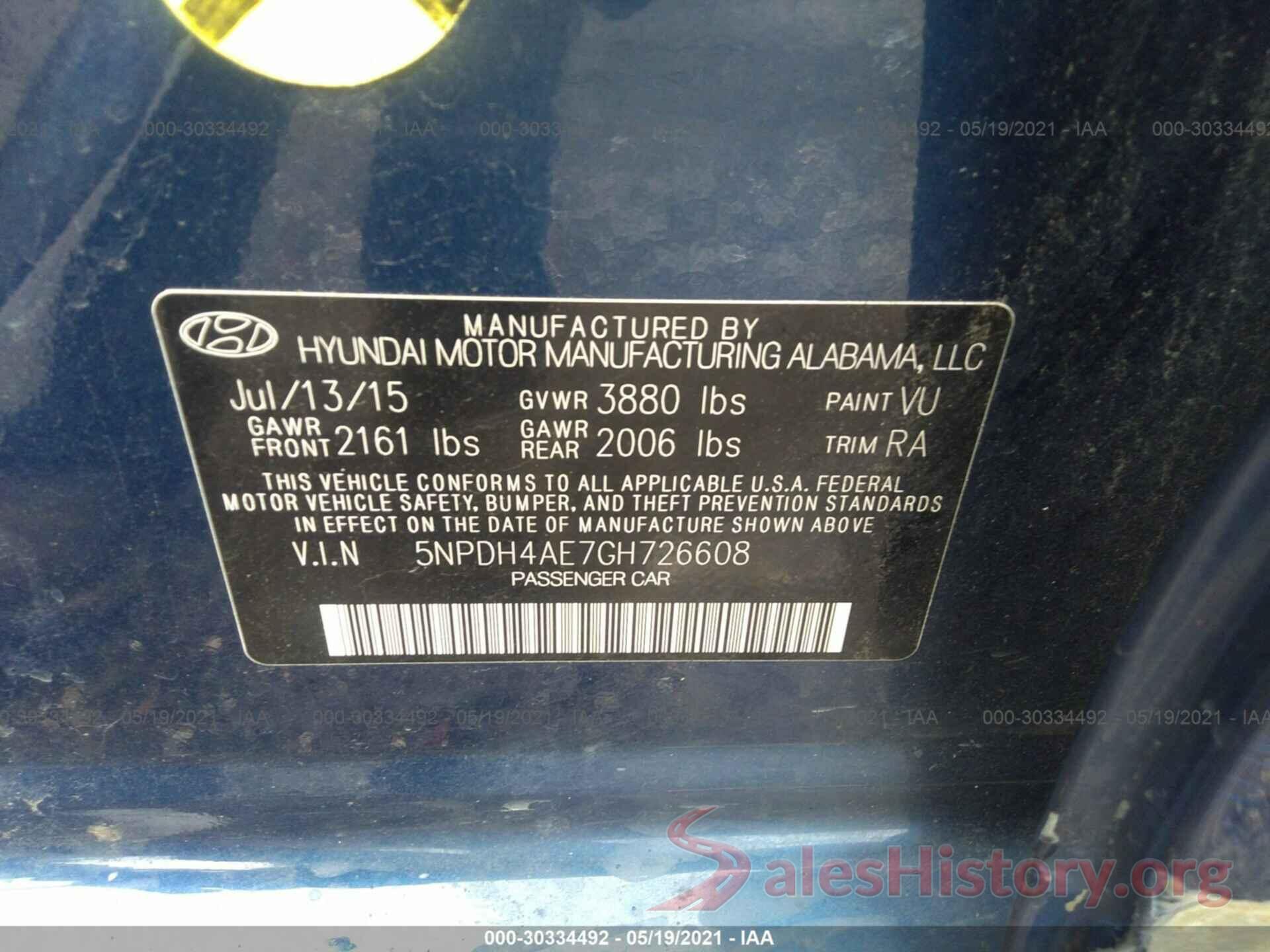 5NPDH4AE7GH726608 2016 HYUNDAI ELANTRA