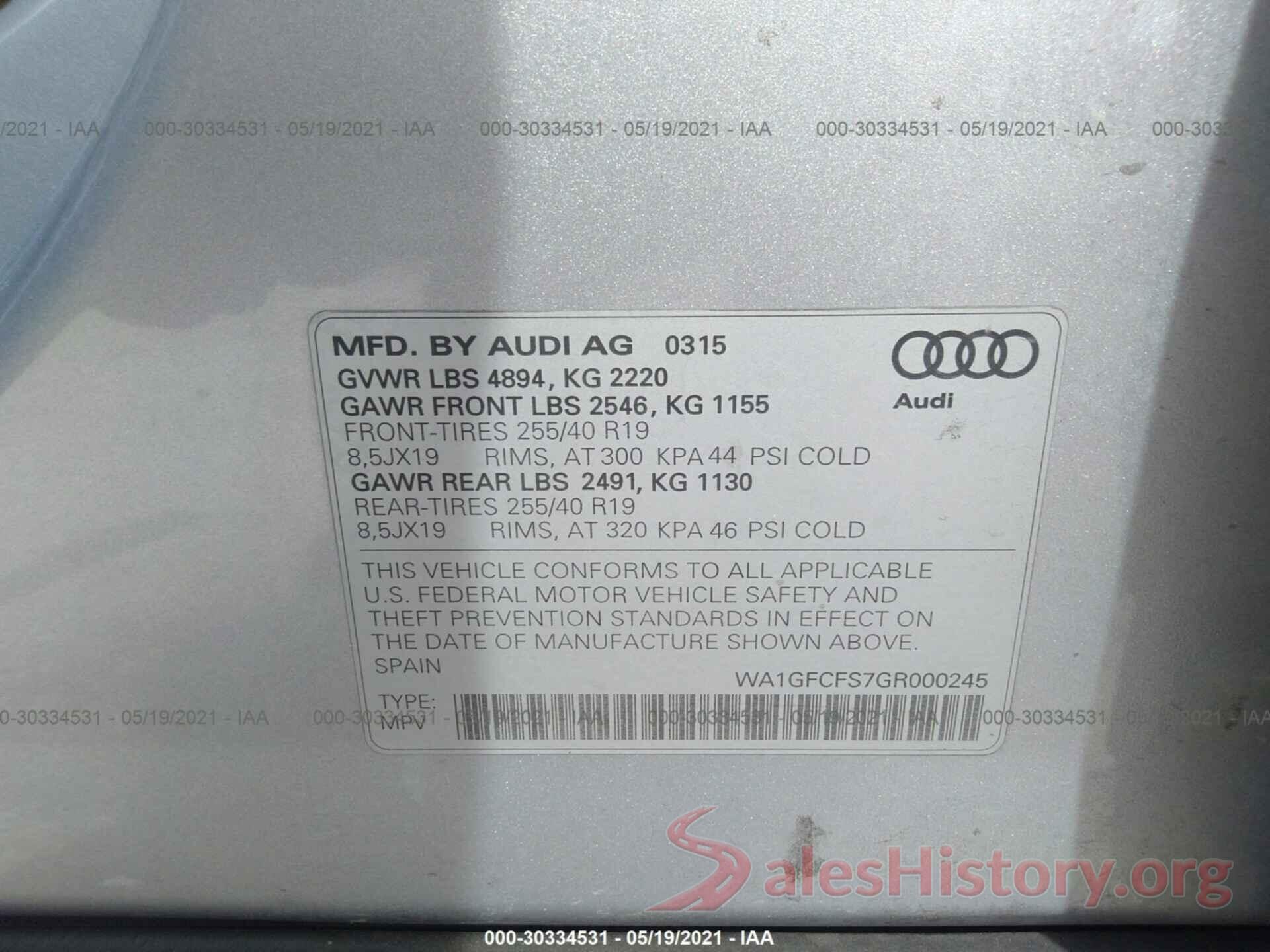 WA1GFCFS7GR000245 2016 AUDI Q3