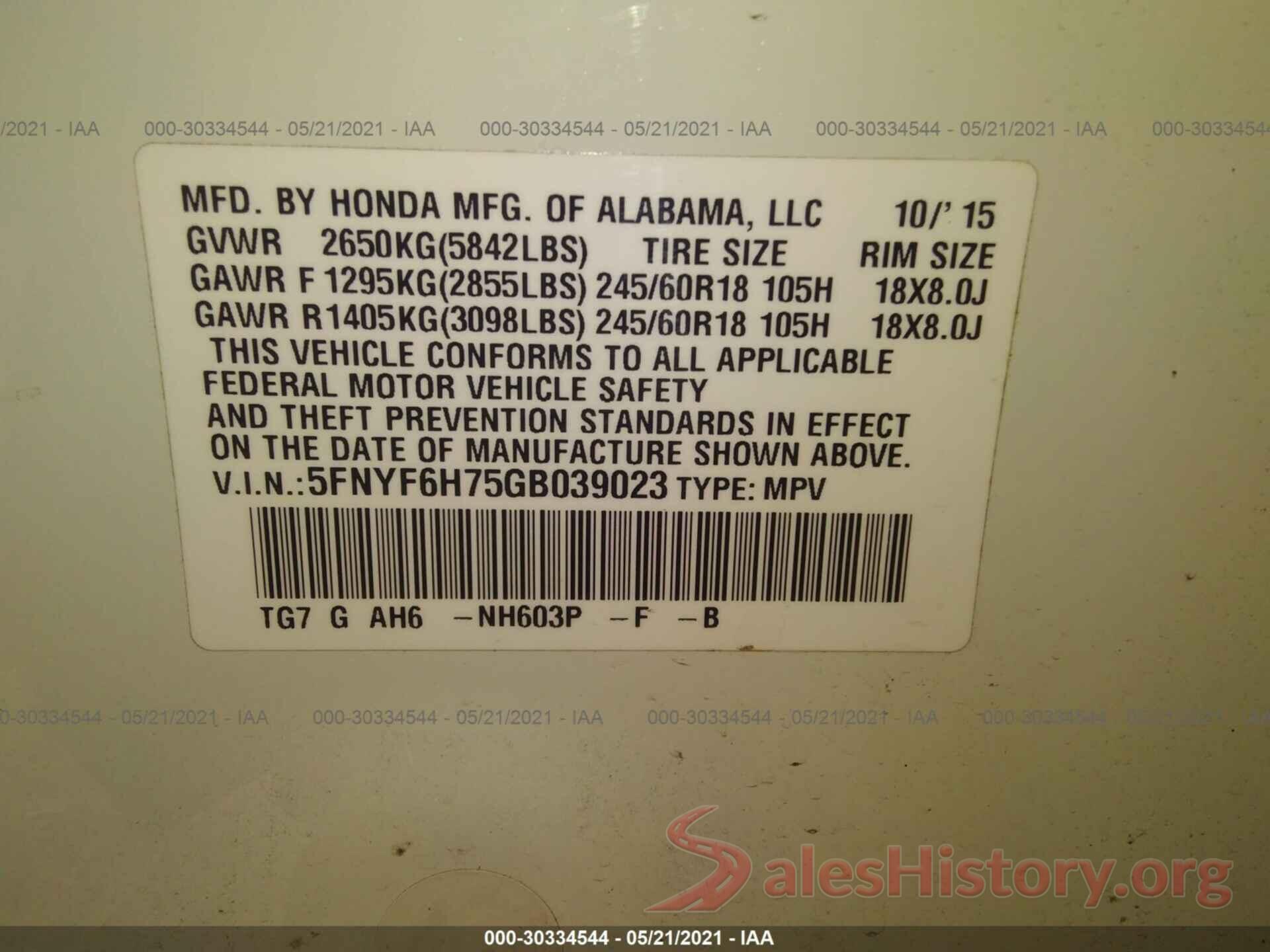 5FNYF6H75GB039023 2016 HONDA PILOT