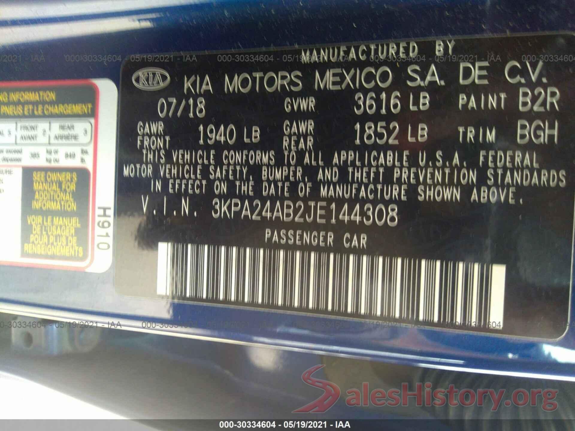 3KPA24AB2JE144308 2018 KIA RIO