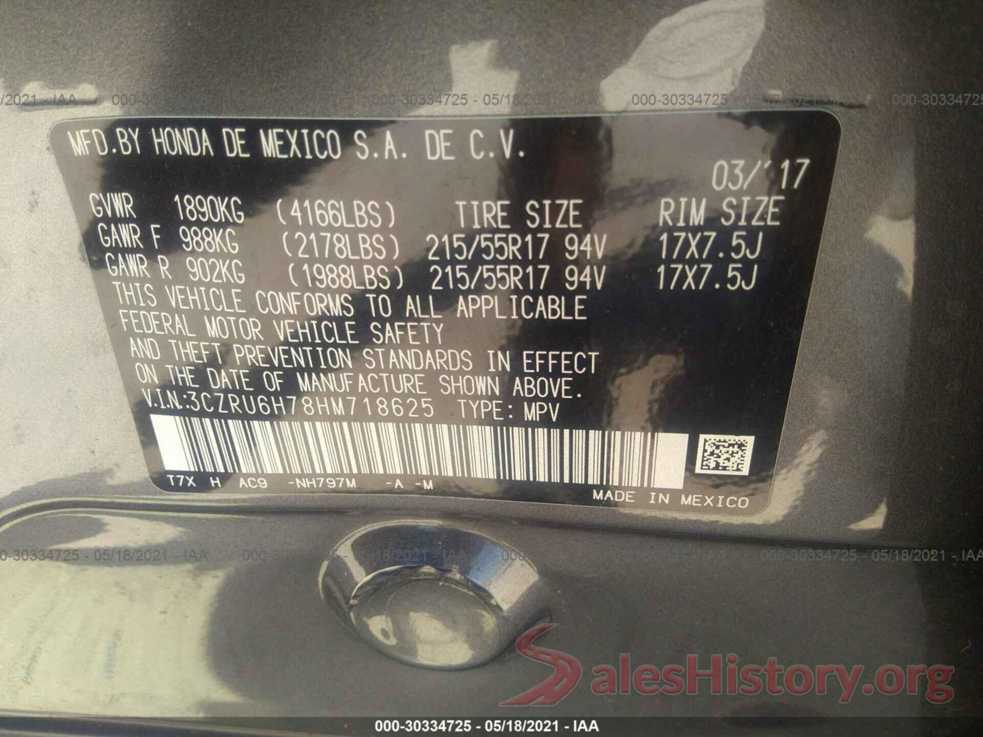 3CZRU6H78HM718625 2017 HONDA HR-V