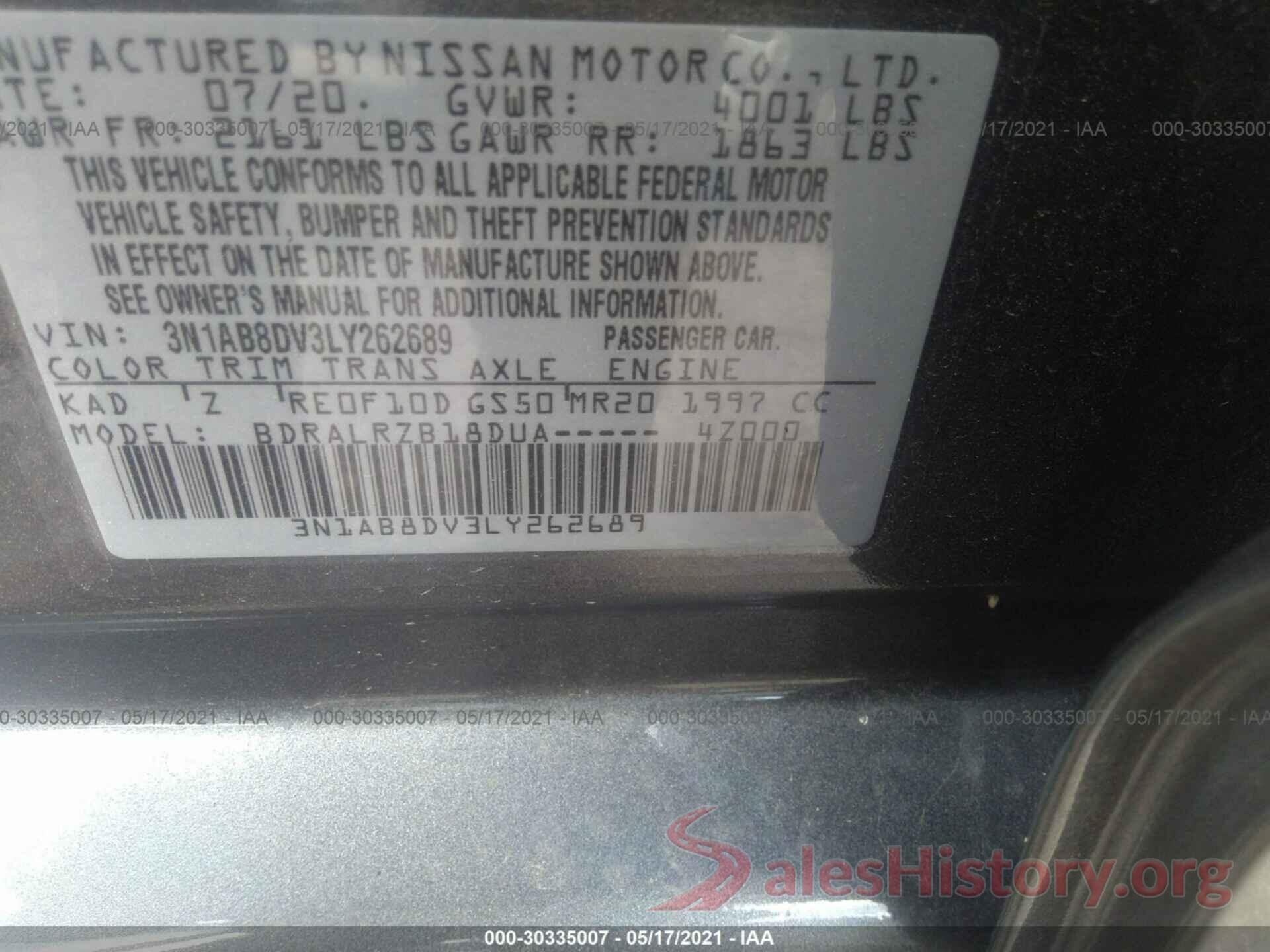 3N1AB8DV3LY262689 2020 NISSAN SENTRA