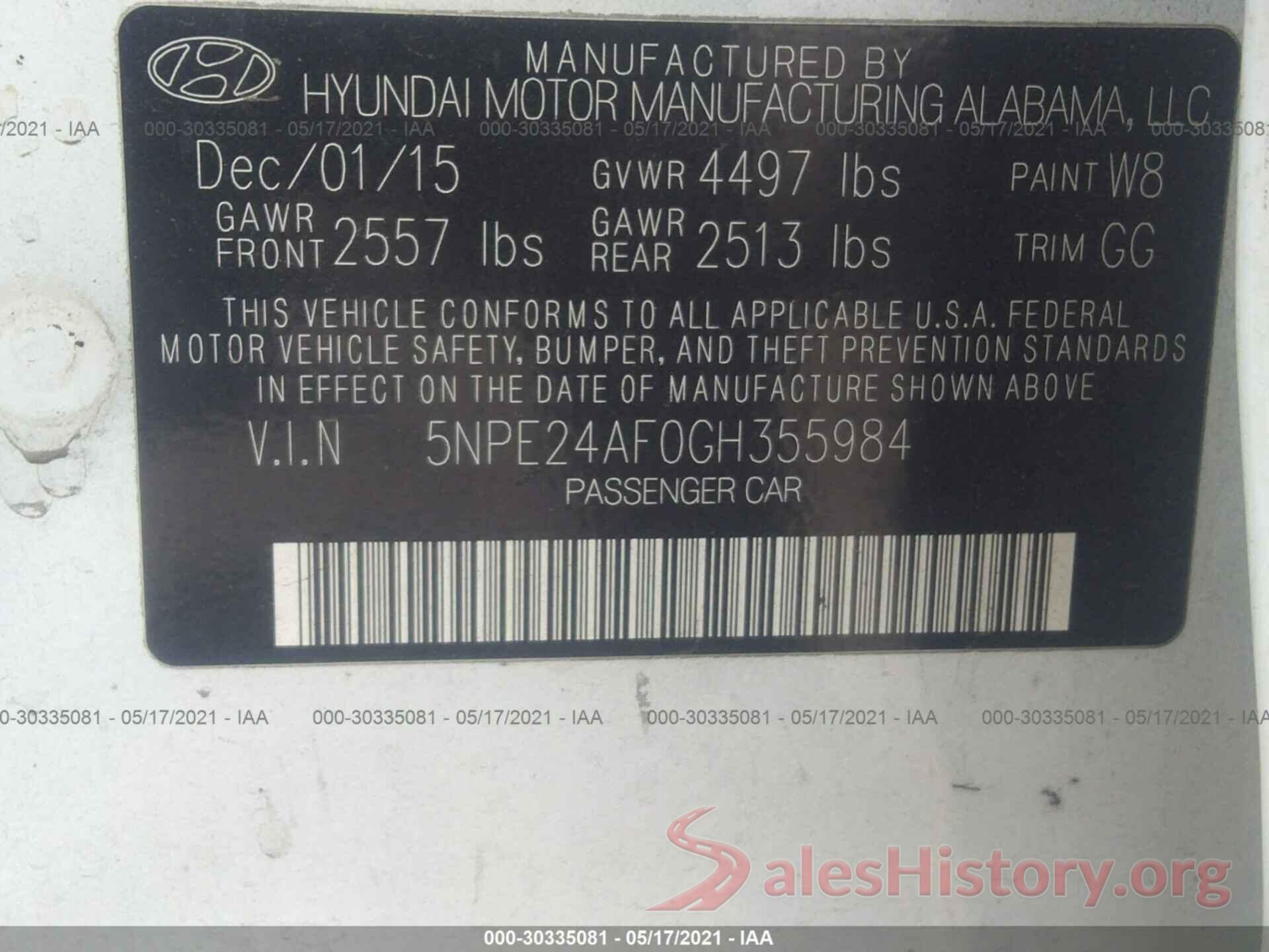 5NPE24AF0GH355984 2016 HYUNDAI SONATA