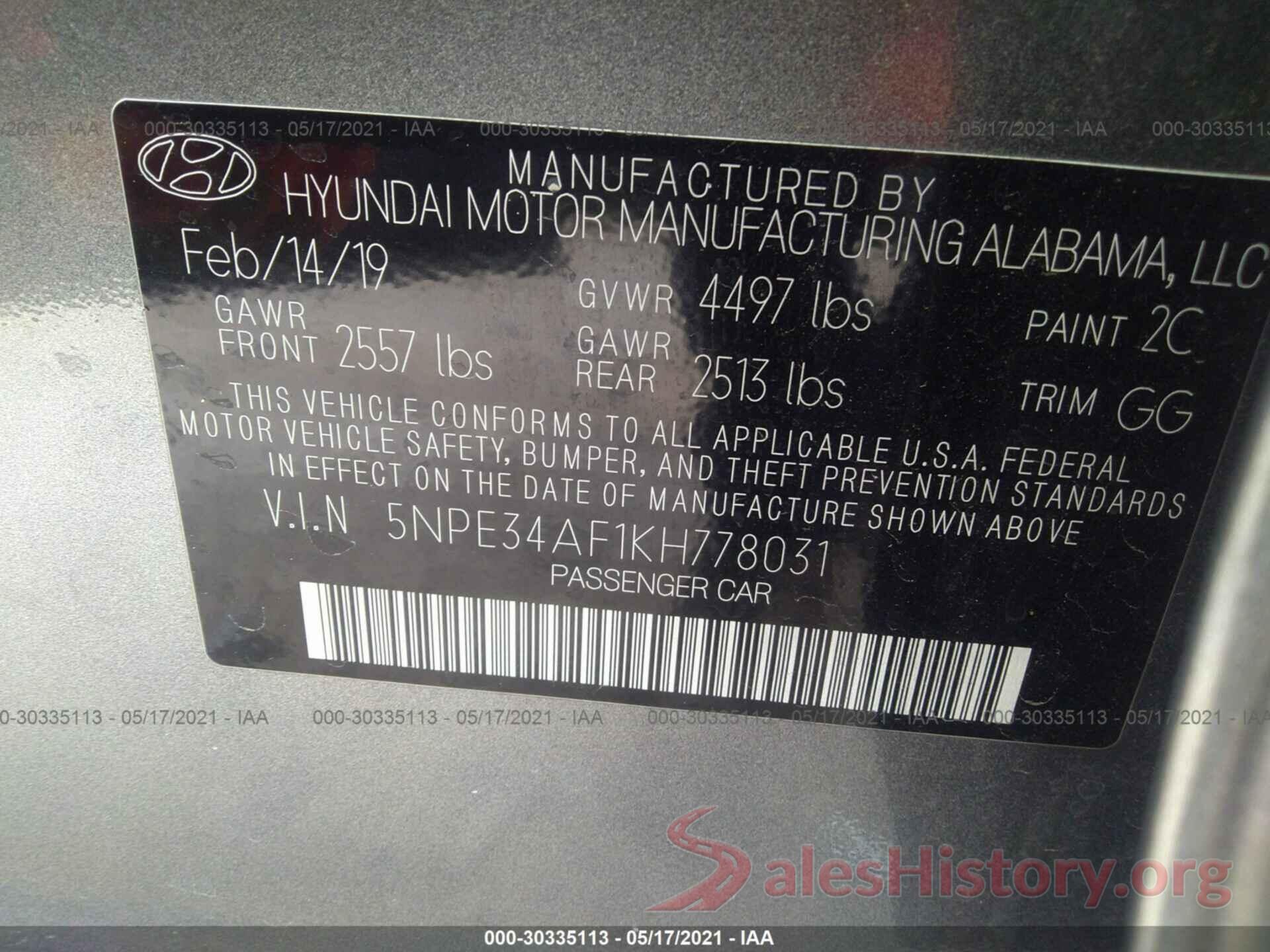 5NPE34AF1KH778031 2019 HYUNDAI SONATA