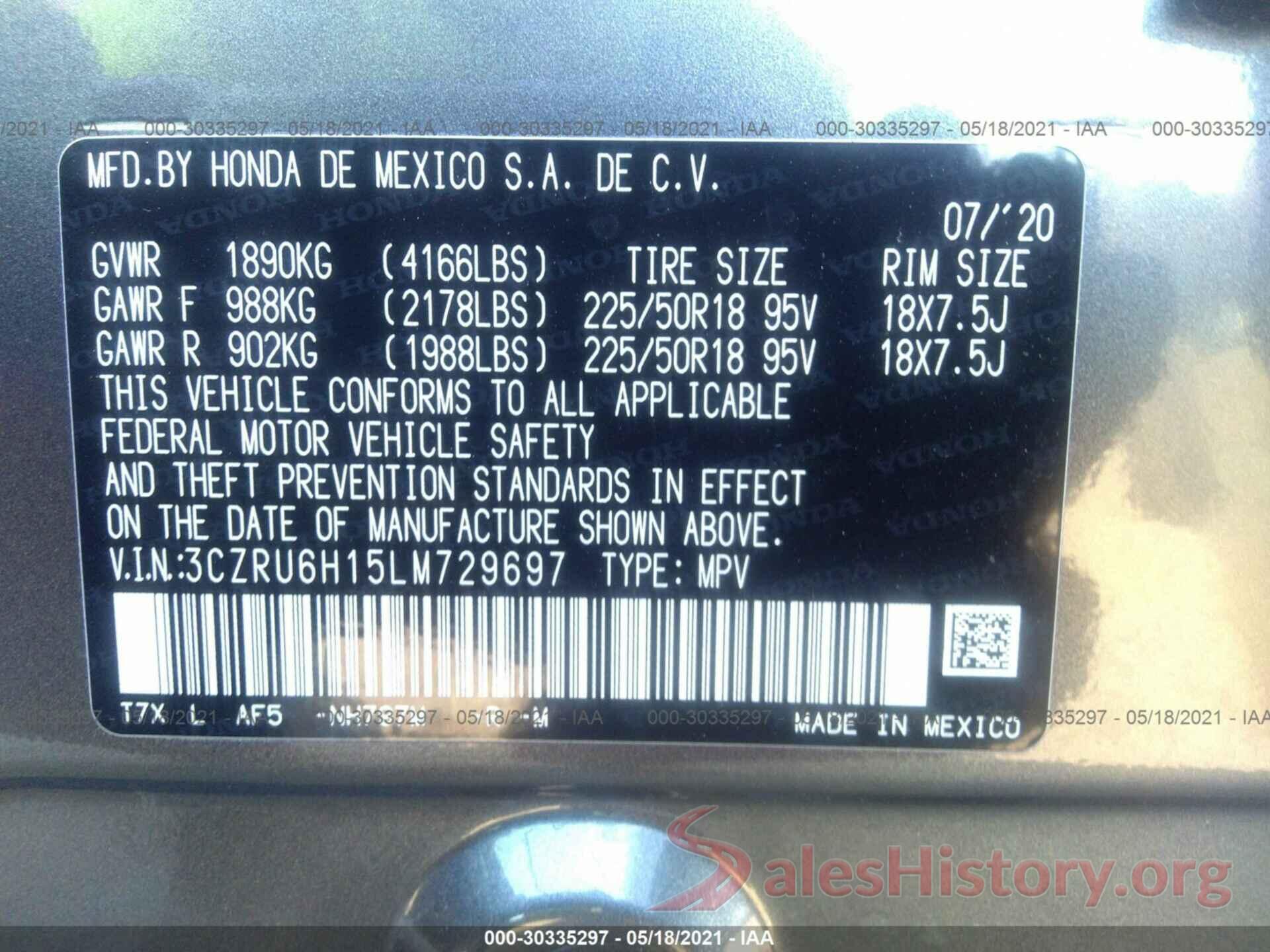 3CZRU6H15LM729697 2020 HONDA HR-V