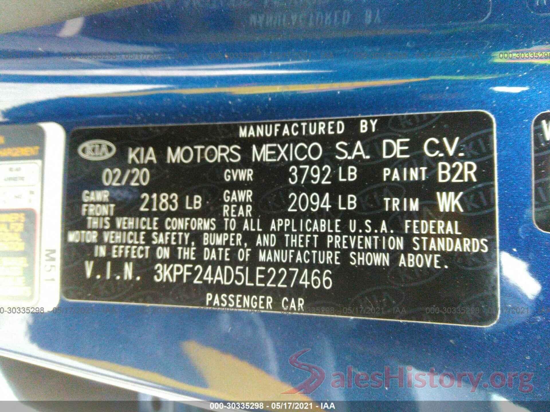 3KPF24AD5LE227466 2020 KIA FORTE