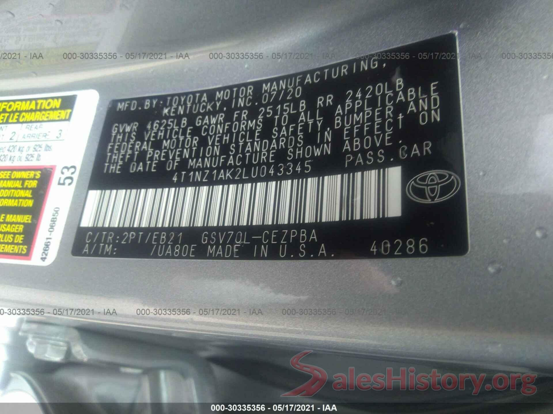 4T1NZ1AK2LU043345 2020 TOYOTA CAMRY