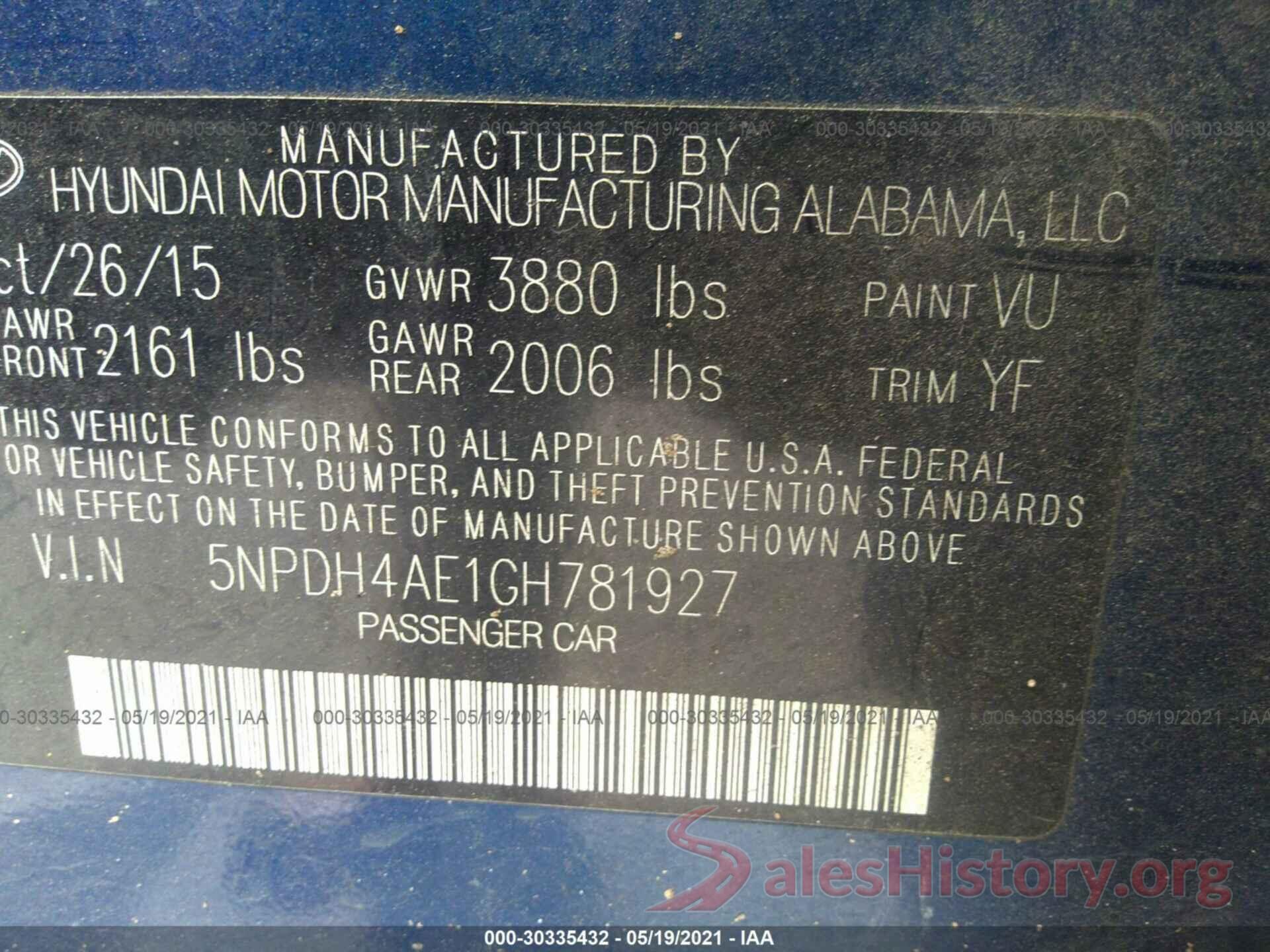 5NPDH4AE1GH781927 2016 HYUNDAI ELANTRA