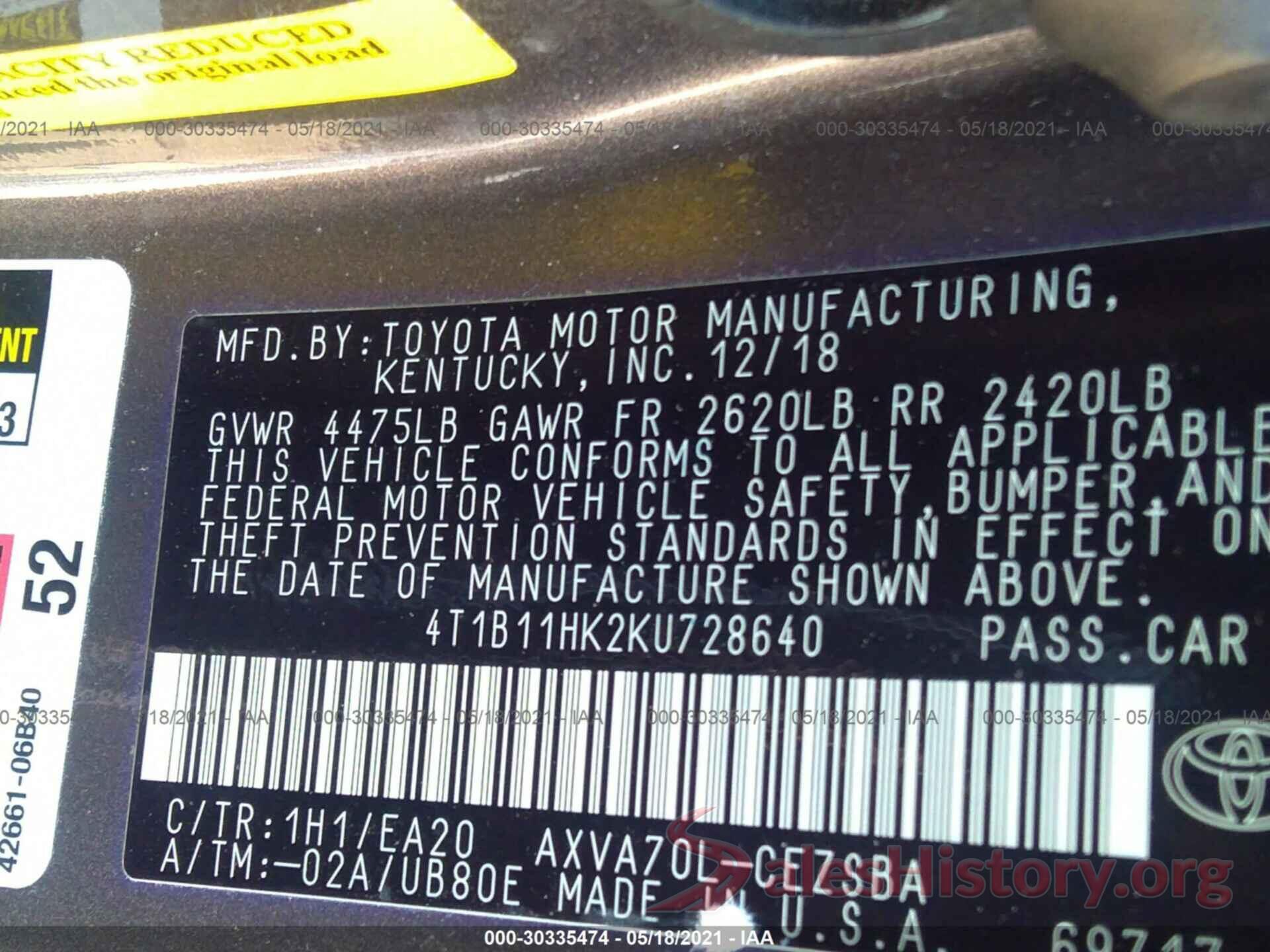 4T1B11HK2KU728640 2019 TOYOTA CAMRY